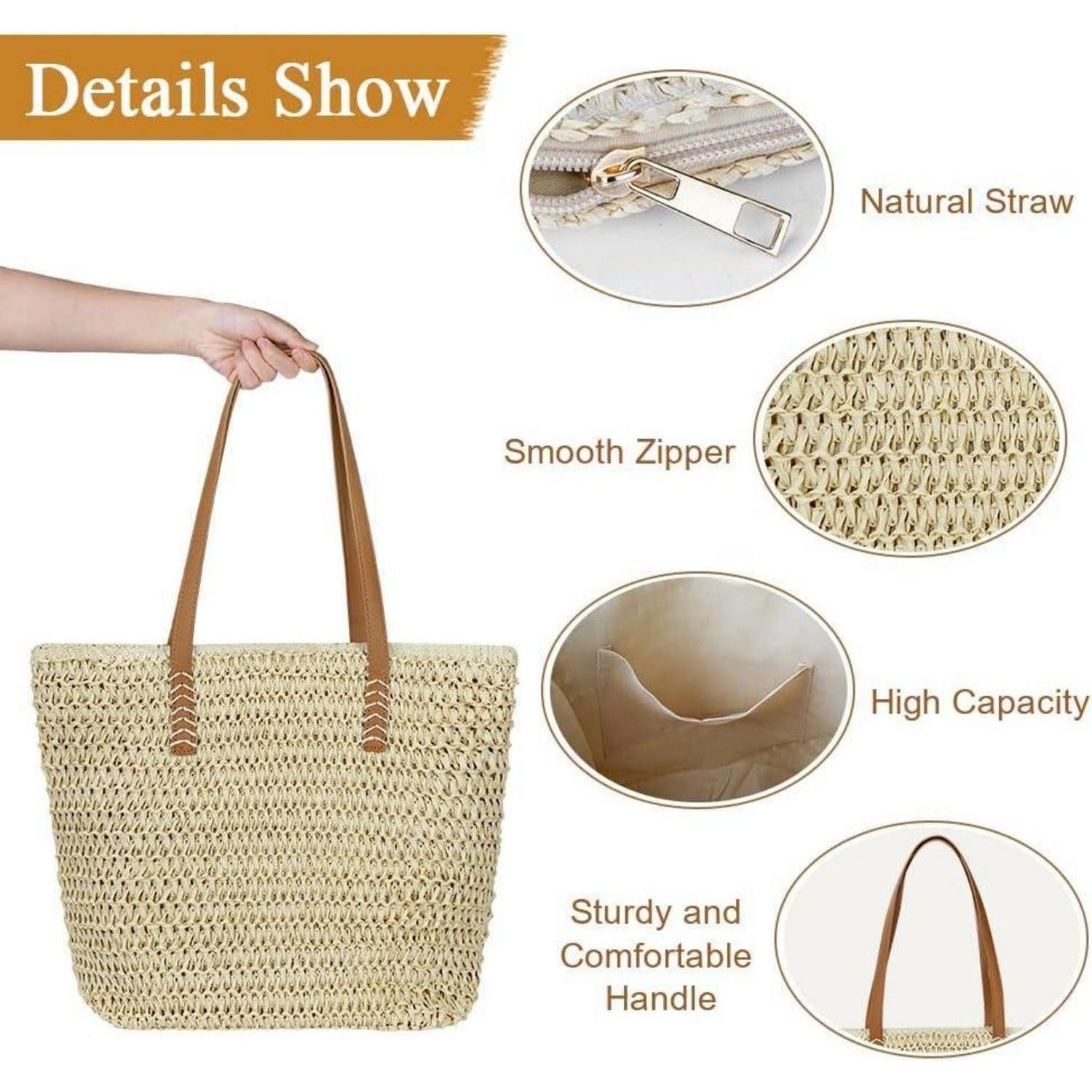 LuxusKollektion Strandtasche Strohtasche Damen groß, Stroh Handtasche mit Reißverschluss und