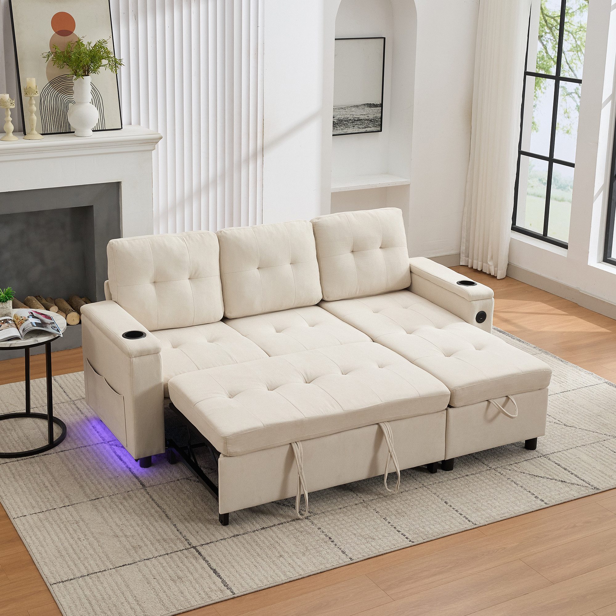 Merax Schlafsofa L-förmiges Ecksofa mit LED-Ambiente & USB/Typ-C, 208×146×89,5 cm 1 Teile, 3-in-1 Klappsofa mit verstecktem Stauraum,Getränkehalter,Seitentaschen