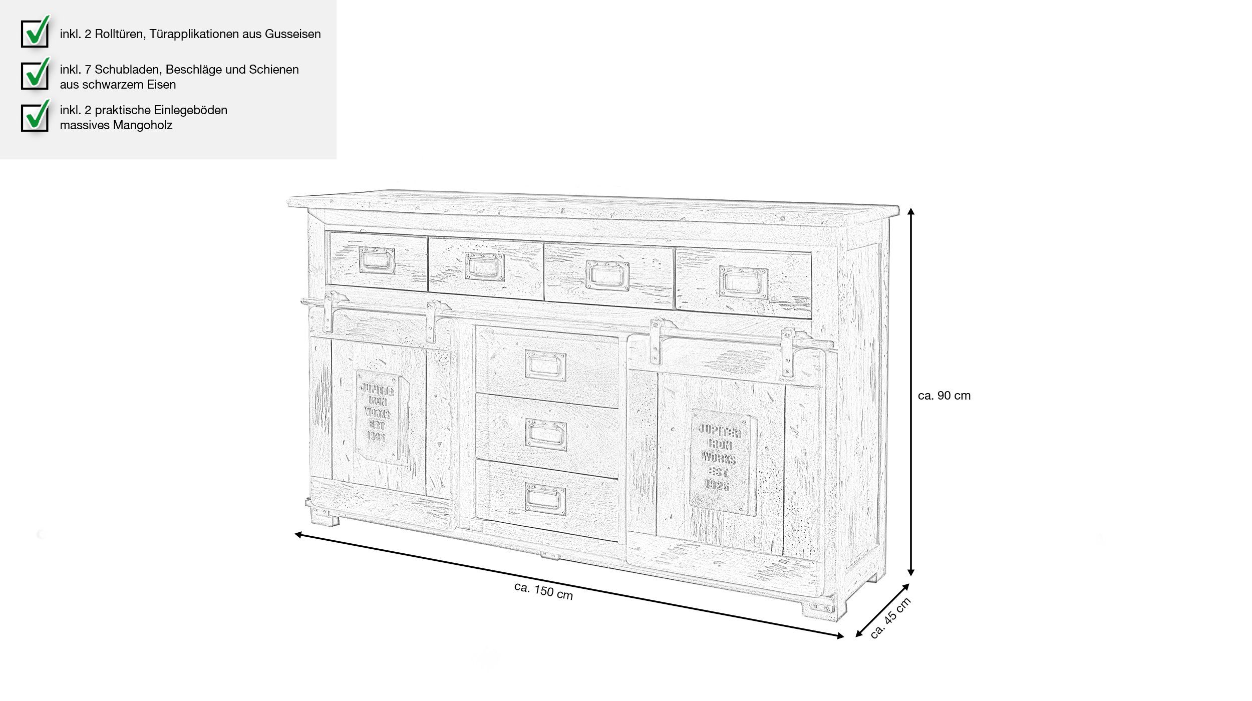 Massivart® Sideboard EMANUEL 150 cm / Massivholz Mango / 2 Rolltüren, Türapplikation aus Gusseisen / Beschläge und Schienen aus Eisen