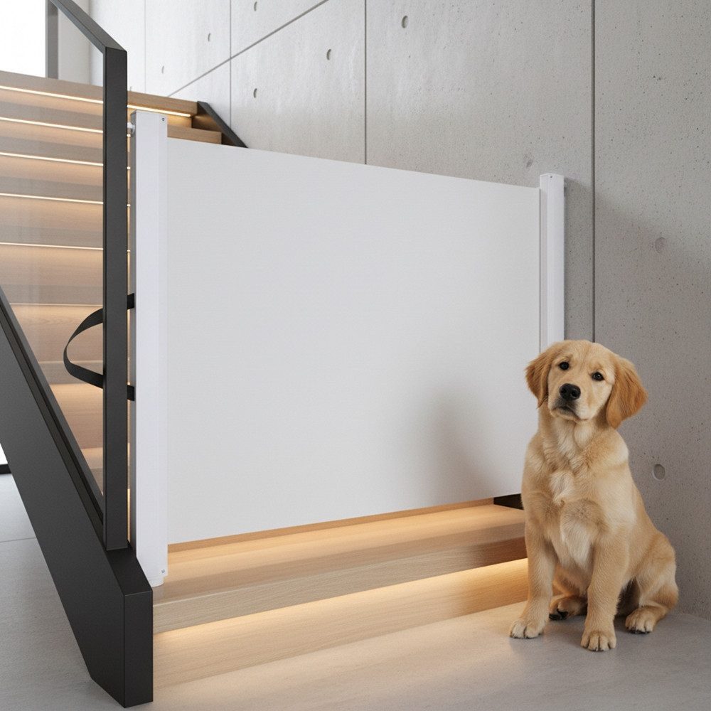 Melko Treppenschutzgitter Ausziehbares Absperrgitter für Tür und Treppe, Wandmontage (Einzelset, Set bestehend aus Treppenschutzgitter mit Befestigungsmaterial), Platzsparendes, ausziehbares Sicherheitsgitter für Türen und Treppen