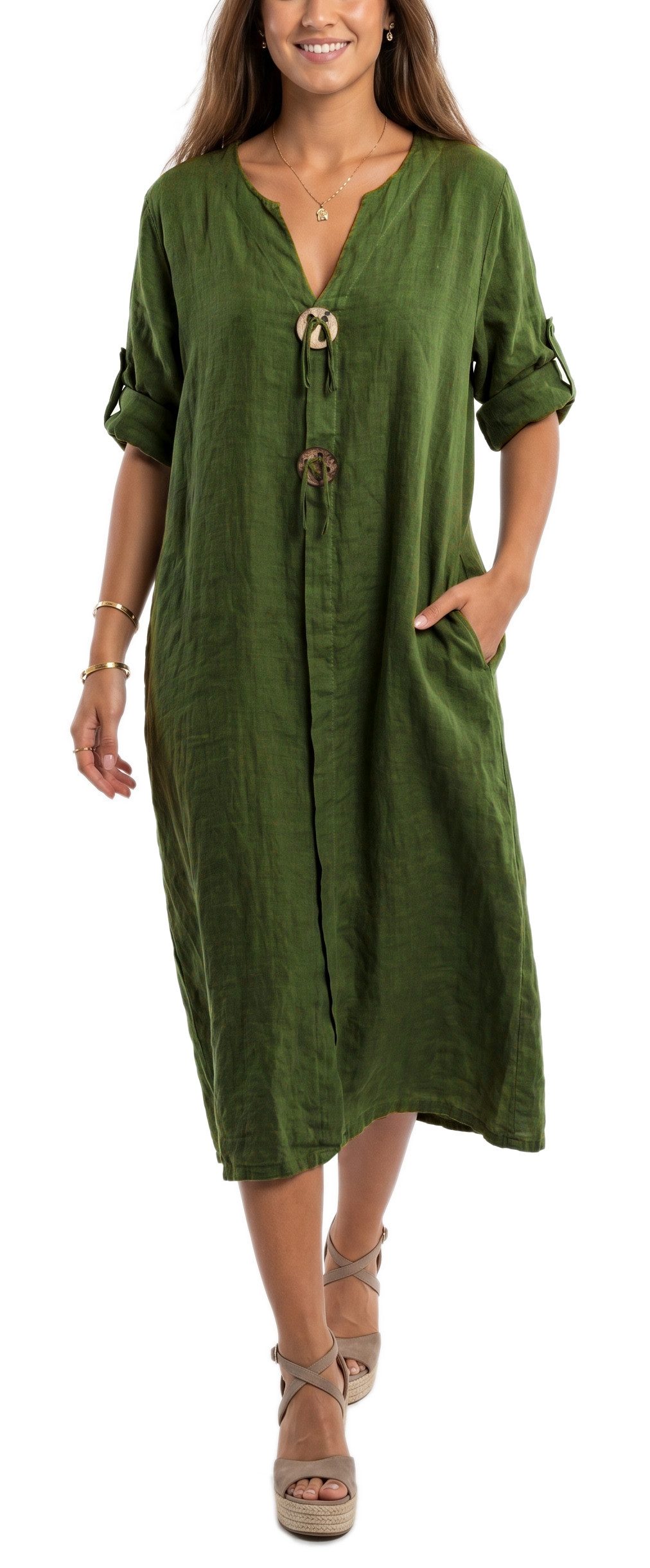 dy_mode Hemdblusenkleid Damen Leinenkleid Midi Hemdblusenkleid mit V-Ausschnitt Freizeitkleid in Unifarbe, V-Ausschnitt, mit seitlichen Eingriffstaschen