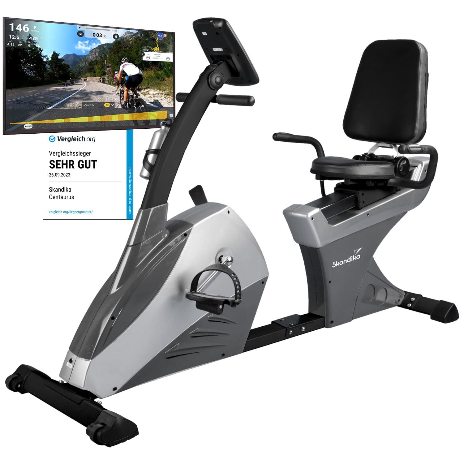 Skandika Ergometer Centaurus Heimtrainer mit Rückenlehne, Liege-Ergometer, bis 150 kg, 13kg Schwungmasse, 12 Trainingsprogramme, Bluetooth, App-Steuerung