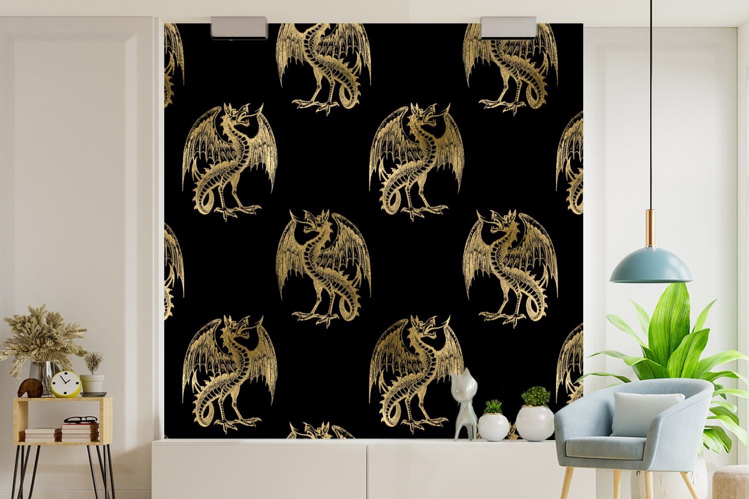 MuchoWow Matt, - Schlafzimmer, oder Drache (5 Fototapete - Wandtapete bedruckt, Tapete Muster - St), für Schwarz, Gold Vinyl Wohnzimmer