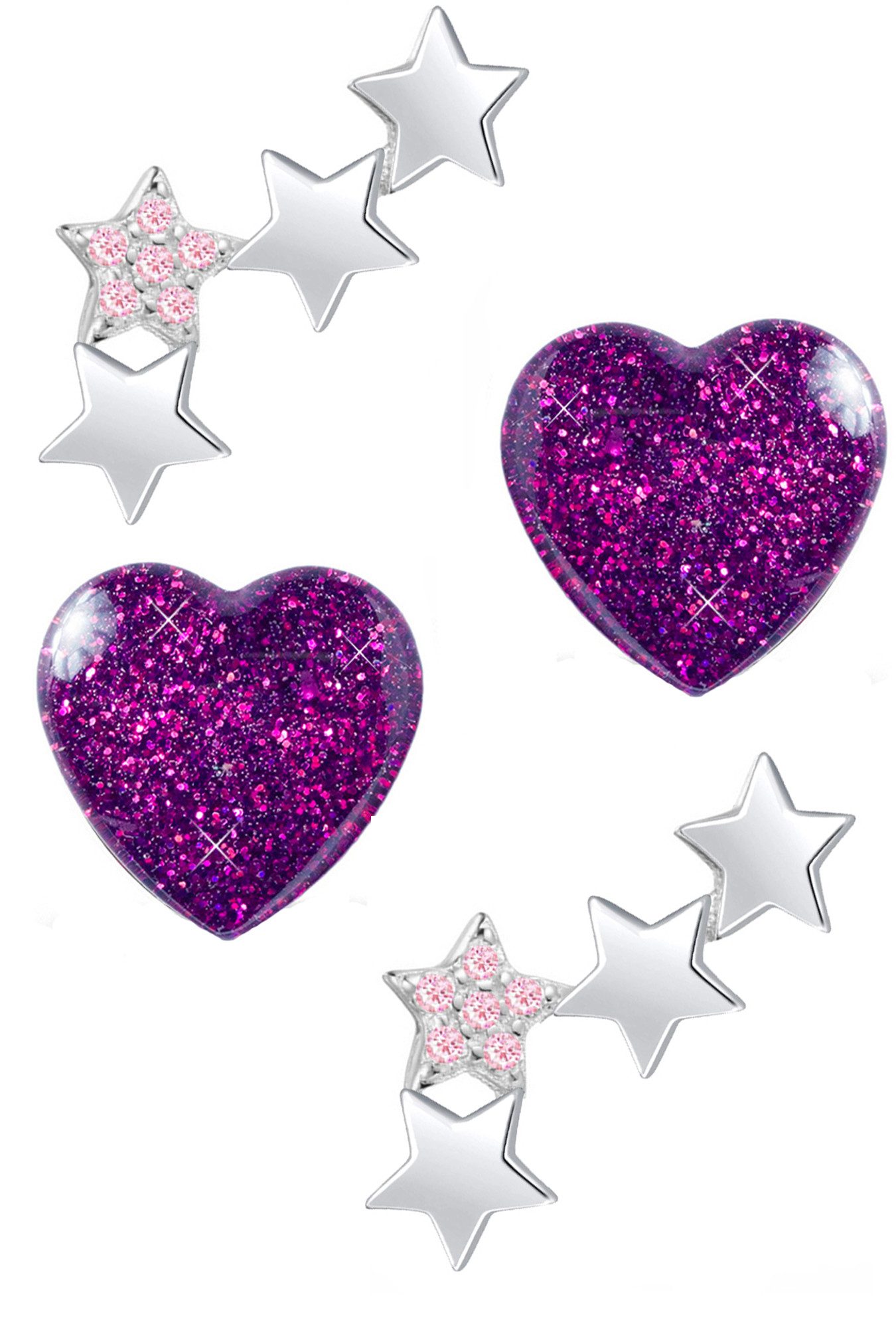 Limana Ohrstecker-Set Ohrringe für Kinder Mädchen Damen 925 Silber Sterne Herz Edelstahl, Glitzer Zirkonia Kristalle
