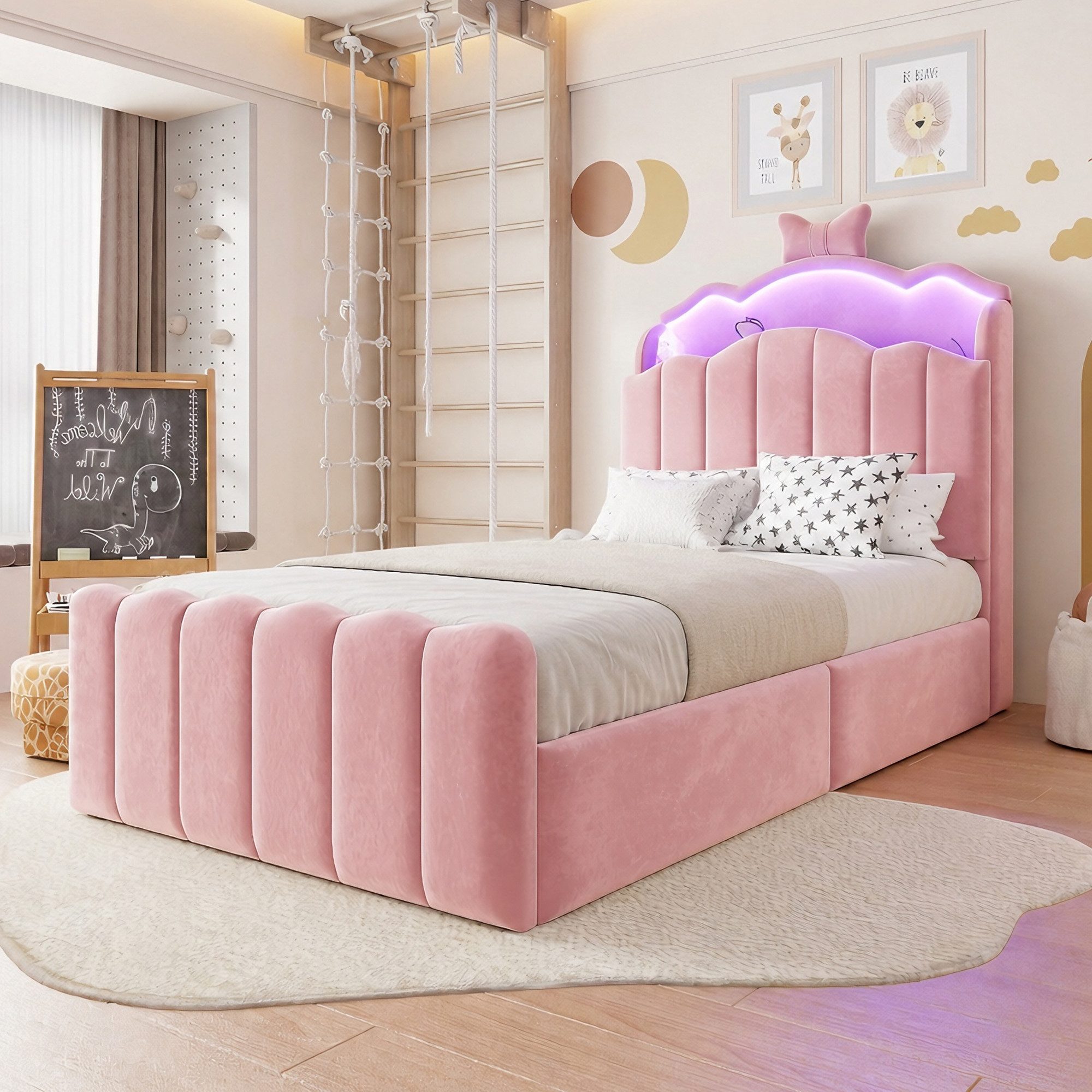 Celya Polsterbett Gepolstertes Kinderbett mit hydraulischem Stauraum, LED-Kopfteil (ohne Matratze, Samtbezug, mit USB- und USB-C-Ladeanschlüssen), aufklappbarem Kopfteil mit Stauraum