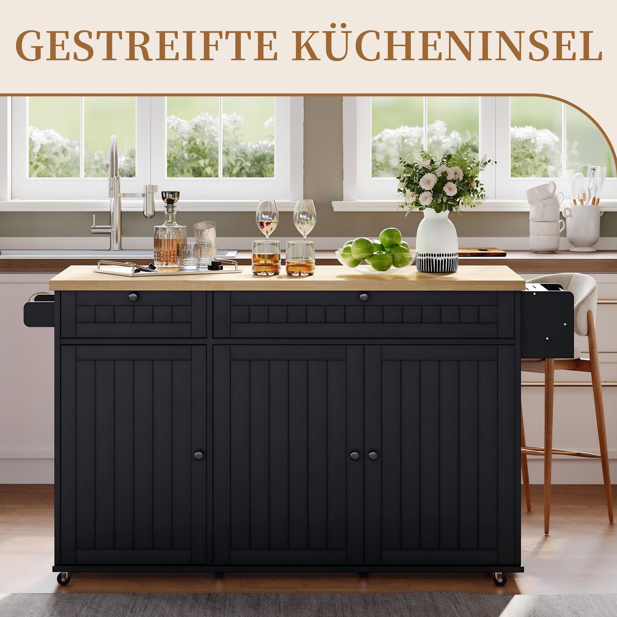 SeedWave Kücheninsel Rollwagen mit Klappbarer Tischplatte, 2 Schubladen, 6 Staufächern, Gewürzboard & Handtuchhalter, 2 höhenverstellbare Einlegeböden
