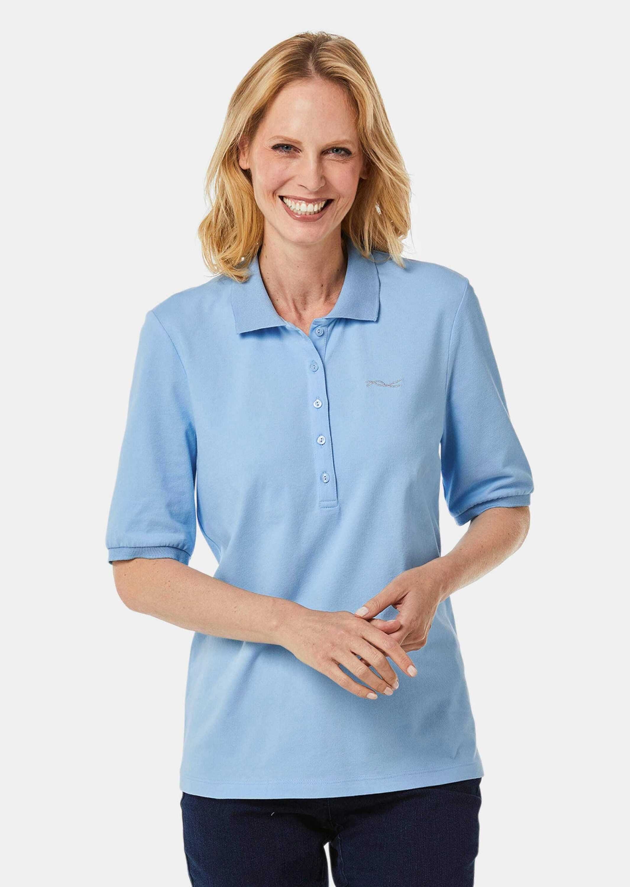 GOLDNER Poloshirt Kurzgröße: Baumwollshirt mit Glitzerstickerei Stilvolles Jerseyshirt mit Polokragen, Knopfleiste und Halbarm