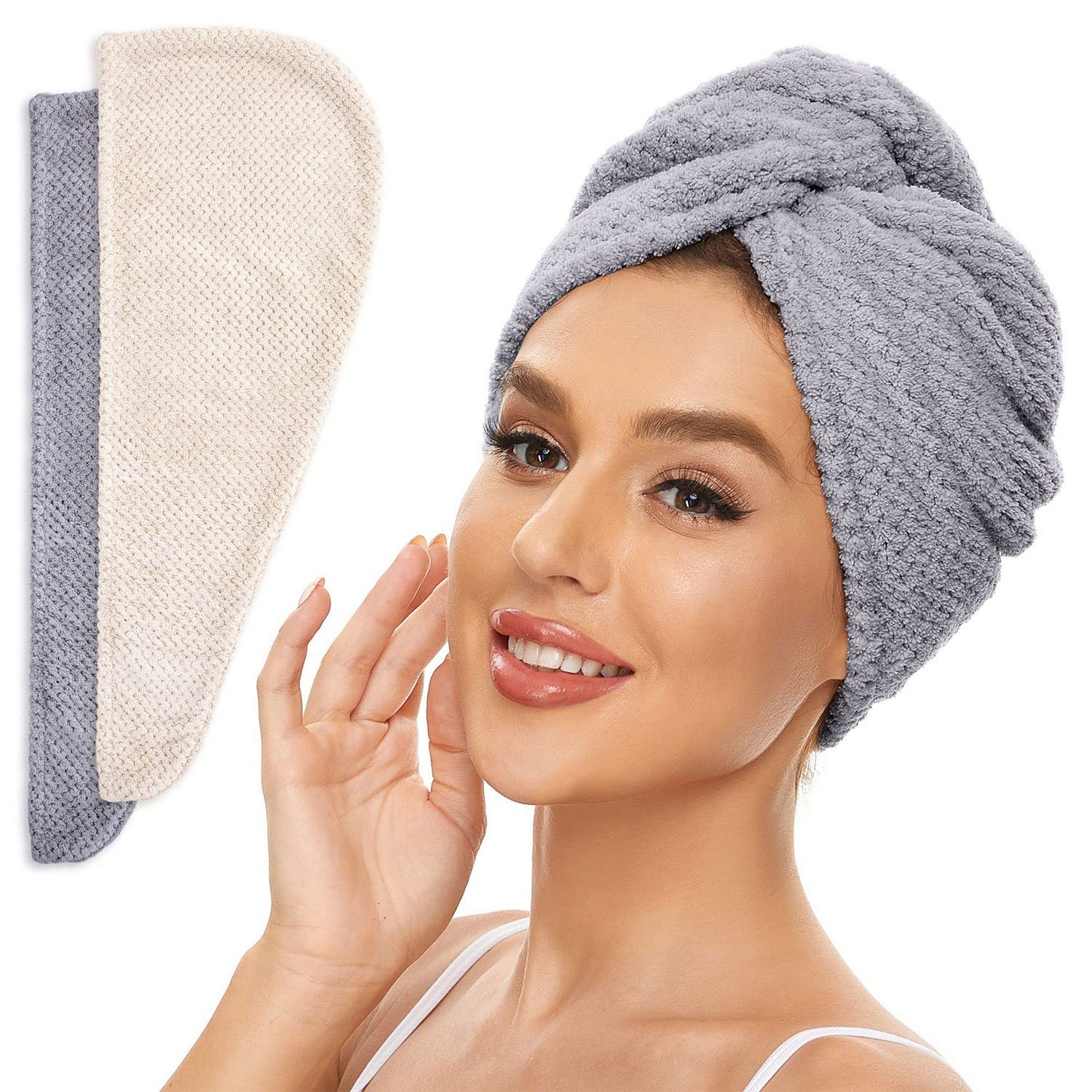 MAGICSHE Turban-Handtuch Haarturban mit knopf (2-St),Super saugfähig, 25*70cm Grauer+heller Kaffee