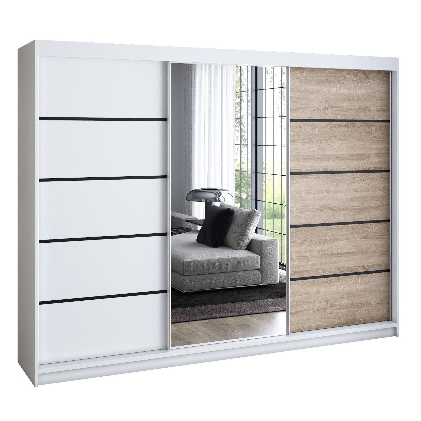 A&J MöbelLand GmbH Schiebetürenschrank VILUNO mit 4 Schubladen und Spiegel (nur für kurze Zeit! TOP ANGEBOT! Geräumiger Schrank mit einer Breite von 200 cm und Spiegel, ideal zur Aufbewahrung von Kleidung und Accessoires. 4 Schubladen und viel Stauraum. T