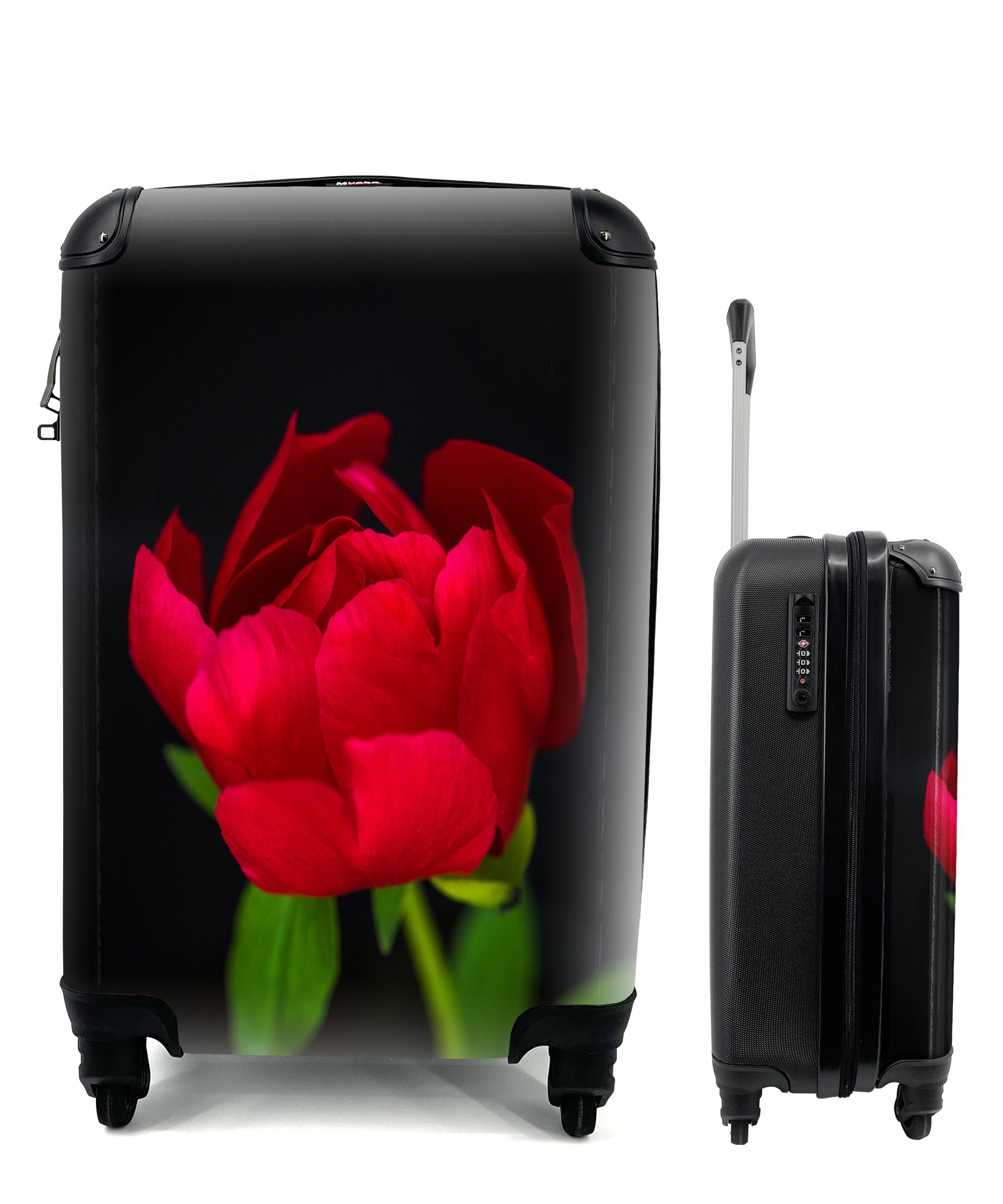 MuchoWow Handgepäckkoffer Eine Knospe einer roten Pfingstrose mit schwarzem Hintergrund, 4 Rollen, Reisetasche mit rollen, Handgepäck für Ferien, Trolley, Reisekoffer