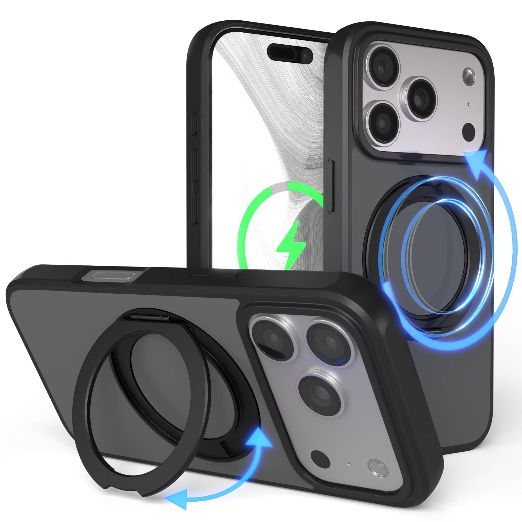 EAZY CASE Handyhülle Outdoor Apple iPhone 17 Pro Case MagSafe Rotation Ring 6,3 Zoll, Outdoor Handy Hülle Bumper Schutzhülle Slim mit Kameraschutz Schwarz