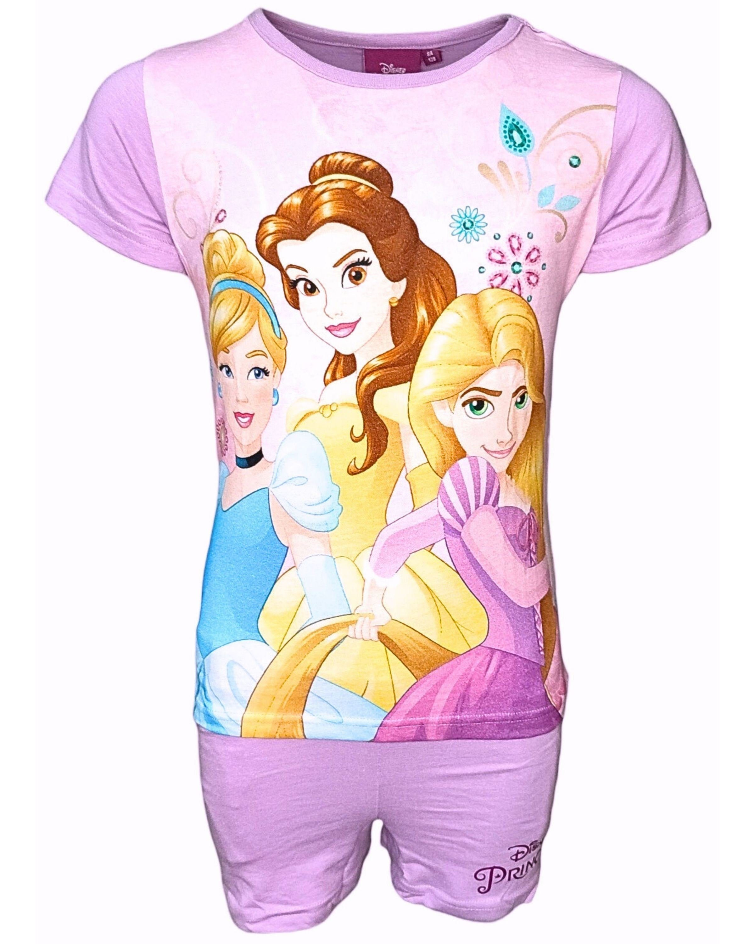 Set Mädchen & & (2 Lila tlg) Hose 128 Kurze Cinderella, Shorty 98 T-Shirt cm Rapunzel Belle Princess Disney - Gr.