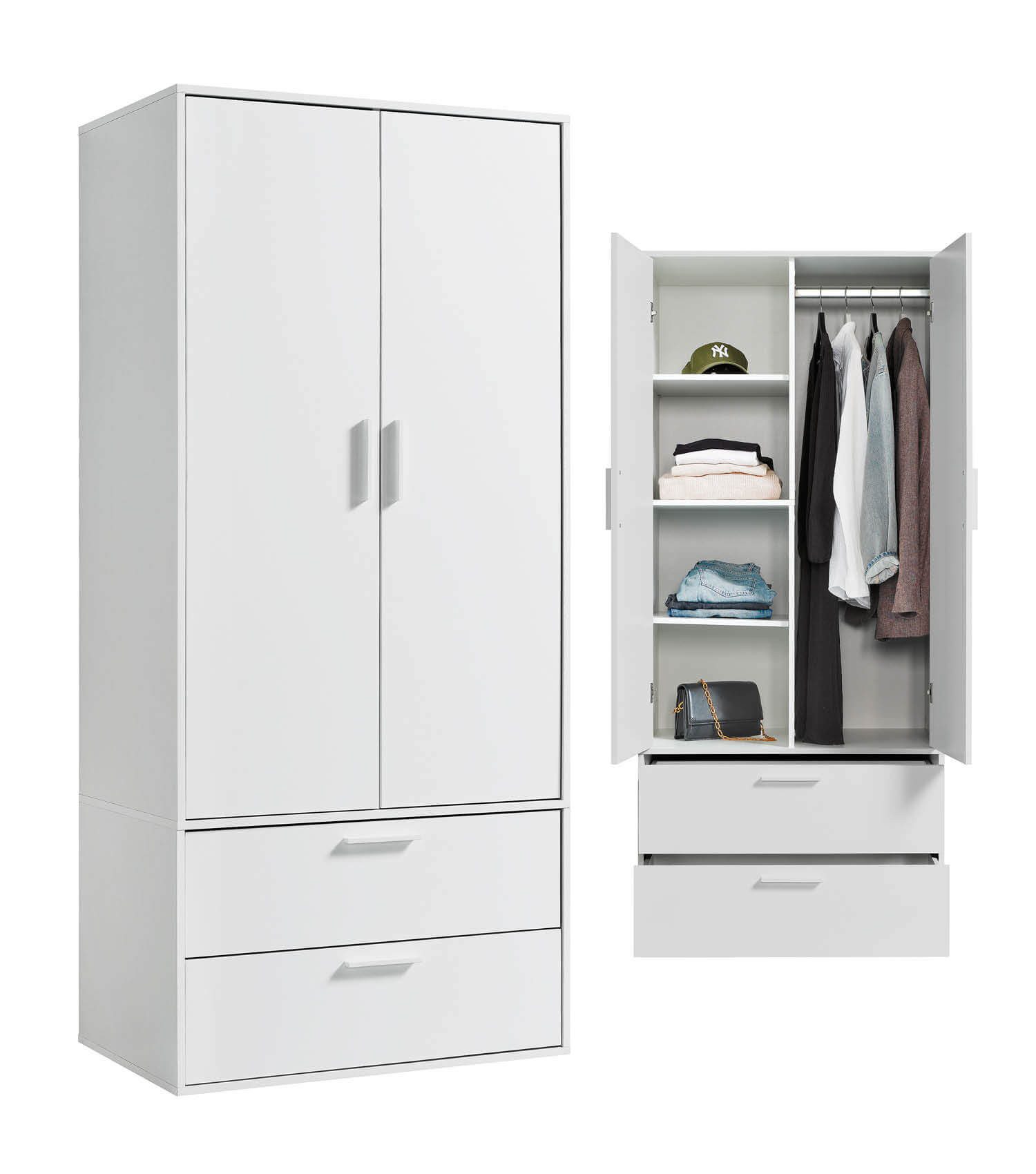 mokebo Kleiderschrank Der Kleiderheld (80x180x51 cm, 2-türig, 2 Schubladen & 4 Fächer) Garderobenschrank, Schlafzimmerschrank oder Schrank in Weiß