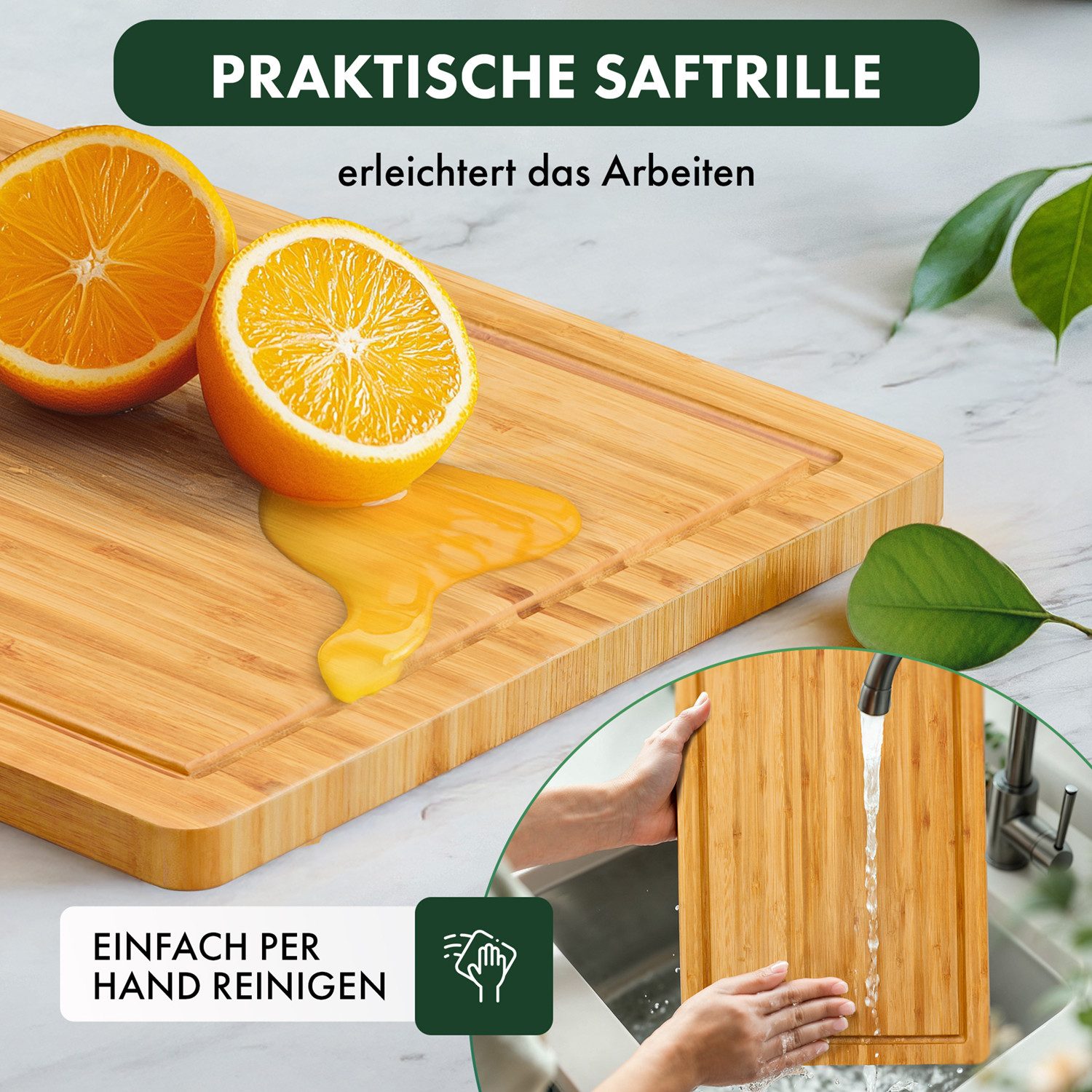 Blumtal Schneidebrett 100% Bambus antiseptisches, 2cm dickes massives Brett, Holz, Bambus, massiv mit praktischer Saftrille – Bild 5 von 5