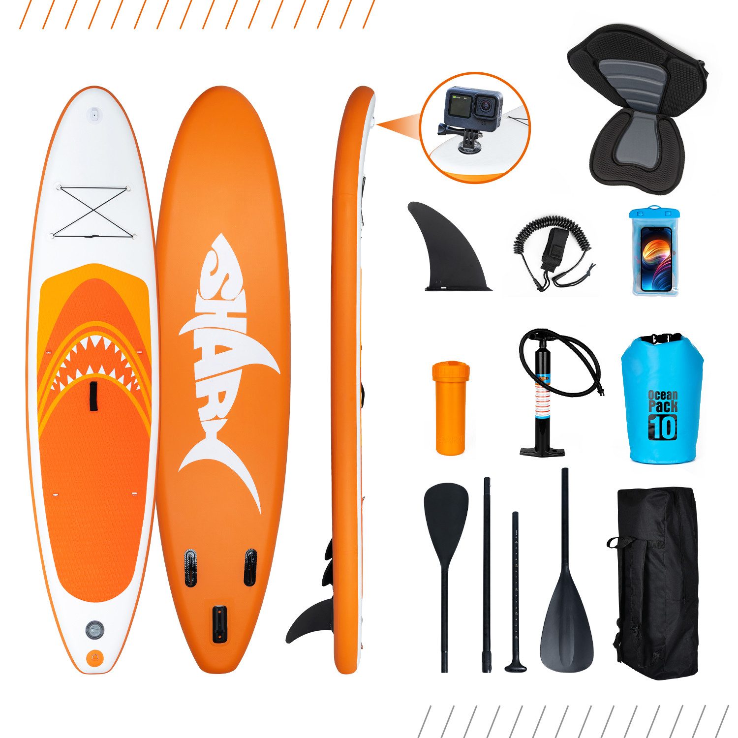 Puluomis Inflatable SUP-Board Set aufblasbar mit Halter, Sitz und Fußband, MB. bis 150Kg, 335/320cm, Surfbrett Paddling Paddelboard