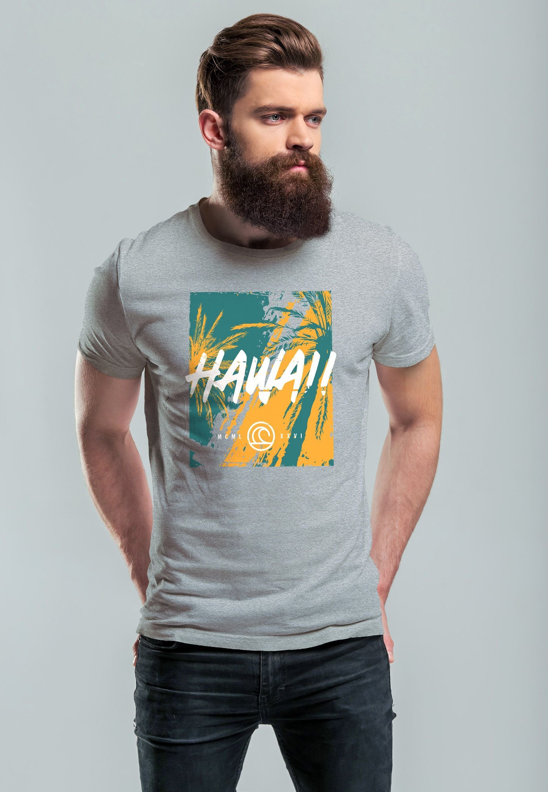 Herren Str mit Fashion Aufdruck Hawaii grau Print-Shirt T-Shirt Palmen Print Neverless Sommer Print Surfing