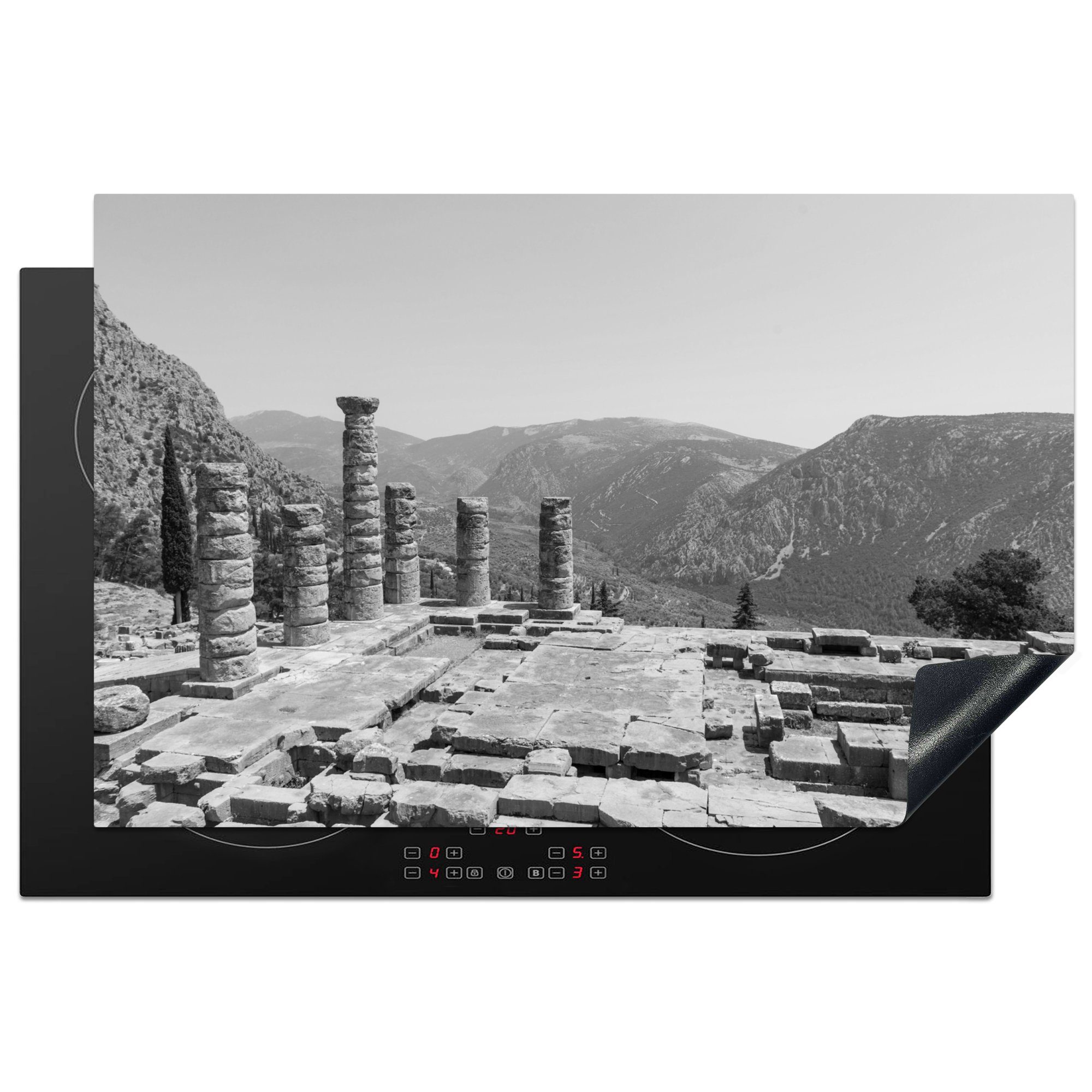 MuchoWow Herdblende-/Abdeckplatte Die Ruinen des antiken Apollo-Tempels in Delphi in Schwarz und Weiß, Vinyl, (1 tlg), 81x52 cm, Induktionskochfeld Schutz für die küche, Ceranfeldabdeckung