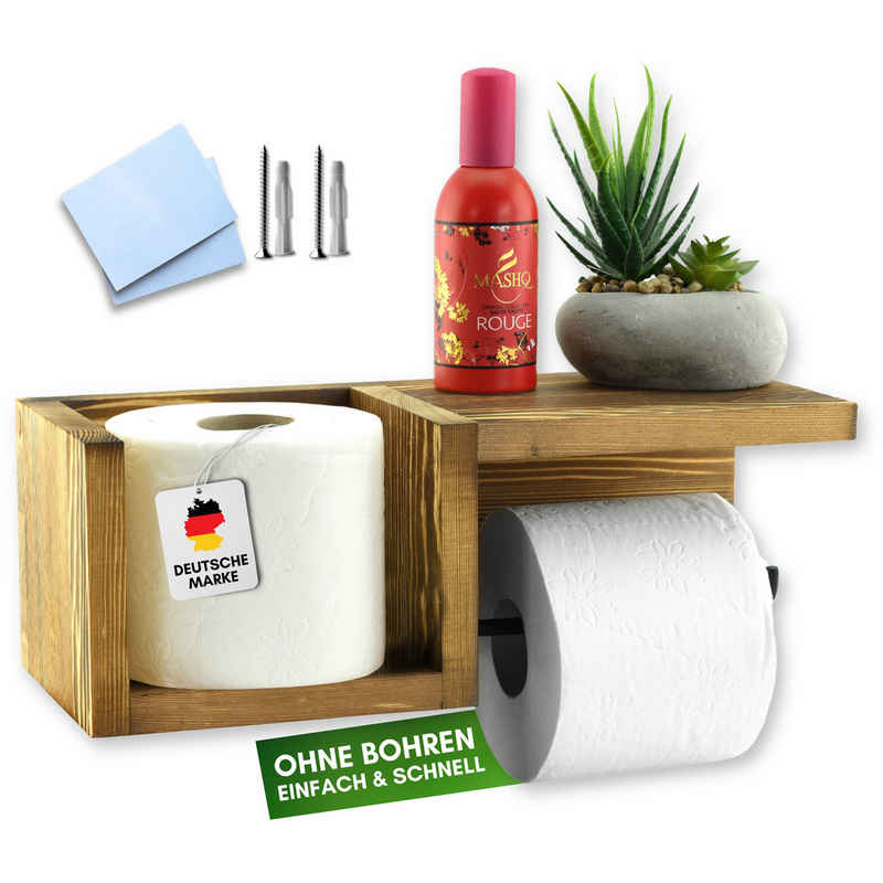 Felino Toilettenpapierhalter Klopapierhalter Halterung aus Holz OHNE Bohren mit Ablage (1-St., inkl. Schrauben & Klebepads), 100% Echtholz