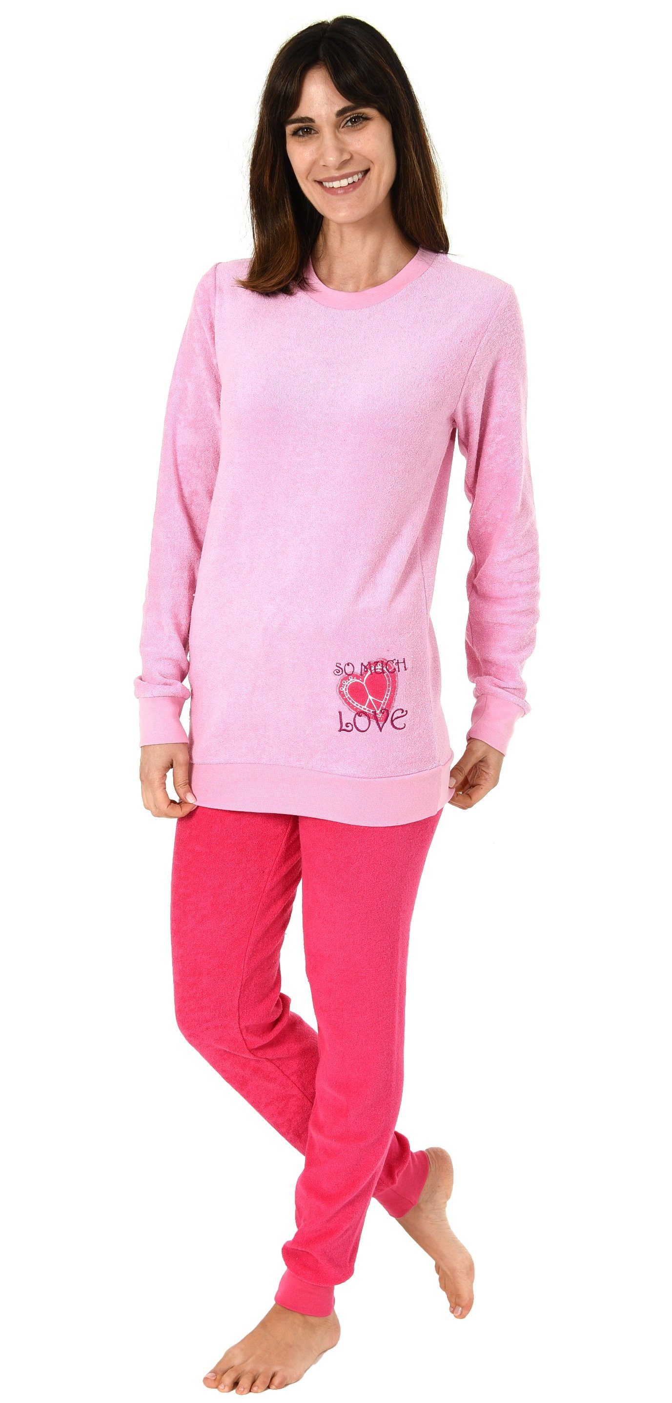 Normann Pyjama Damen Frottee Pyjama und Herz rosa Bündchen Motiv mit langarm Schlafanzug