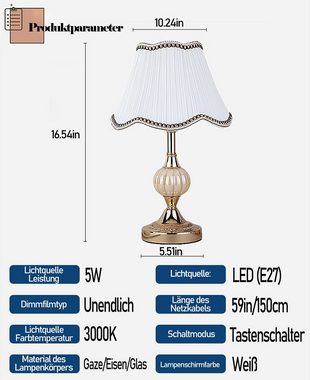 KUGI LED Nachttischlampe Tischlampe, Lampenschirm aus Stoff, E27-Fassung, Europäischer Stil Palast Stil, passend für alle Möbel, schlichter Lampenschirm, Retro Schreibtischlampe, Nachttischlampe im Wohn- und Schlafzimmer, Dimmbares Umgebungslicht Höhe x Tiefe: 42 x 26 cm,eine 5W-Glühbirne wird präsentiert, einfach und atmosphärisch, Atmosphäre Licht, Weihnachtsgeschenk