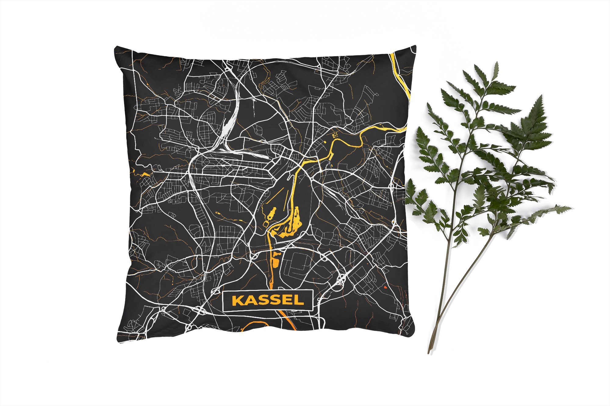 MuchoWow Dekokissen Kassel - Deutschland - Karte - Stadtplan - Gold, Zierkissen mit Füllung für Wohzimmer, Schlafzimmer, Deko, Sofakissen