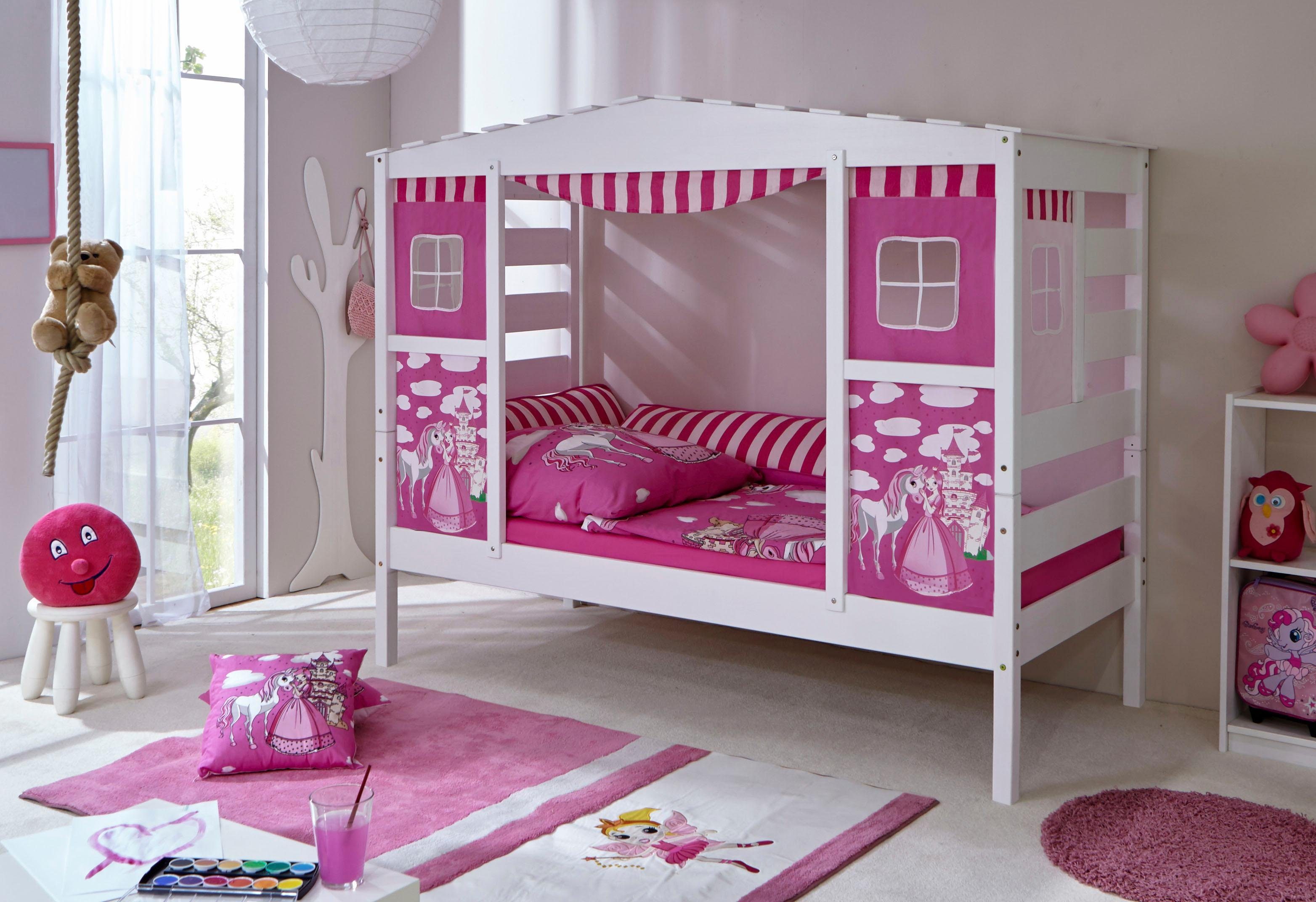 Kiefer Hausbett gewachst-Textil-Set weiß »Prinzessin« Lio, Kinderbett massiv Ticaa