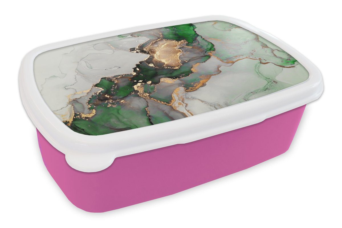 MuchoWow Lunchbox Marmor - Gold - Grün - Luxus, Kunststoff, (2-tlg), Brotbox für Erwachsene, Brotdose Kinder, Snackbox, Mädchen, Kunststoff rosa