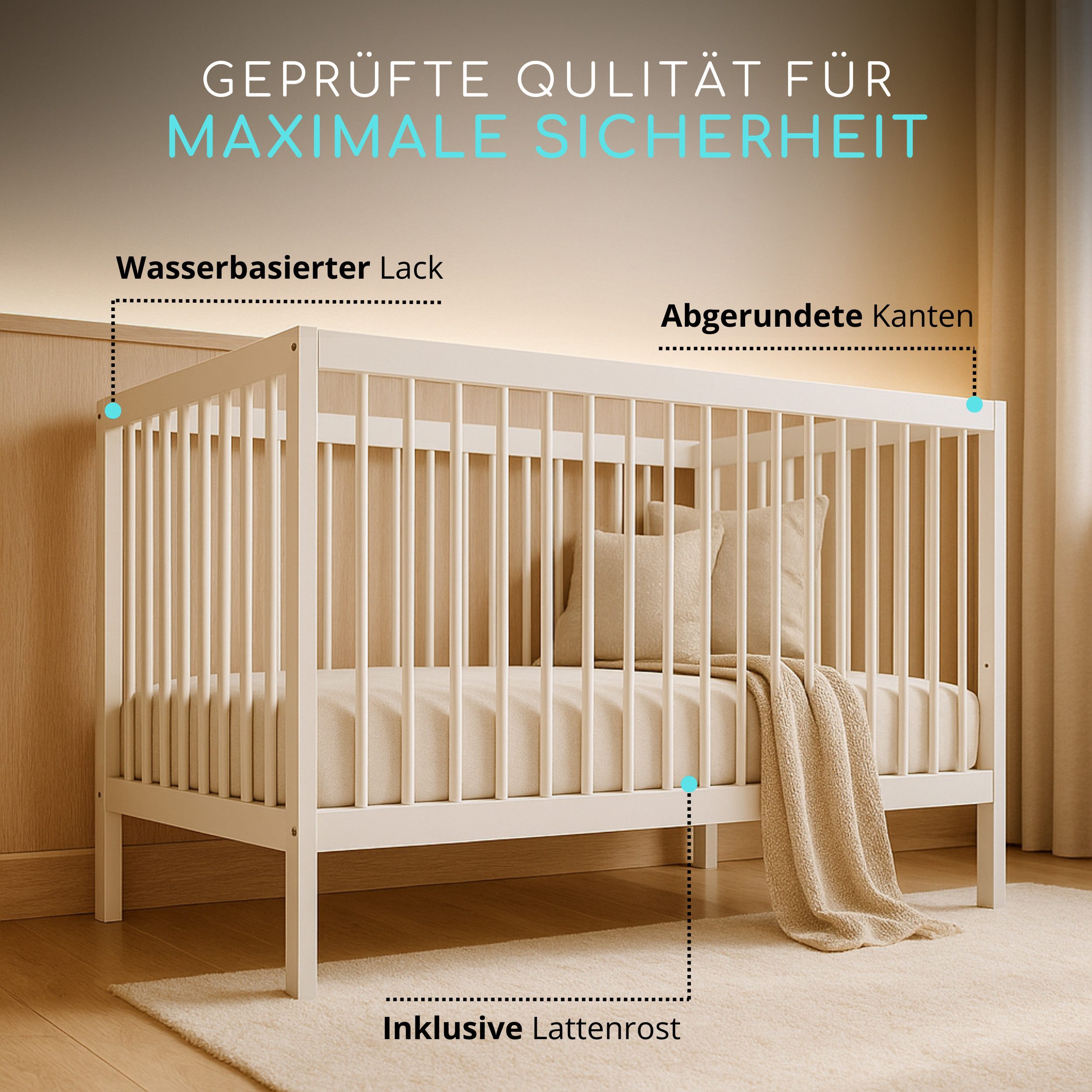 Alavya Home® Babybett TOBI I Das Beste für Kleine Babys I 9-fach höhenverstellbarer EN 716-1, Babybett 60x120 Weiß Gitterbett mit 3 Schlupfsprossen aus Buchenholz