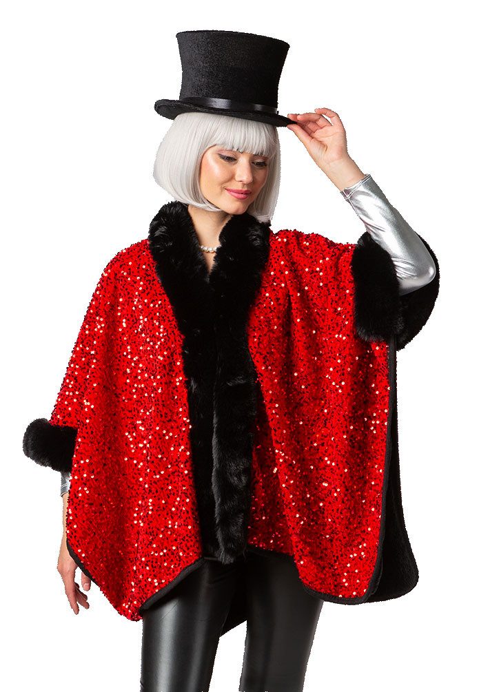 Karneval-Klamotten Kostüm Pailletten Poncho Damen Karneval hochwertig rot, günstig online kaufen