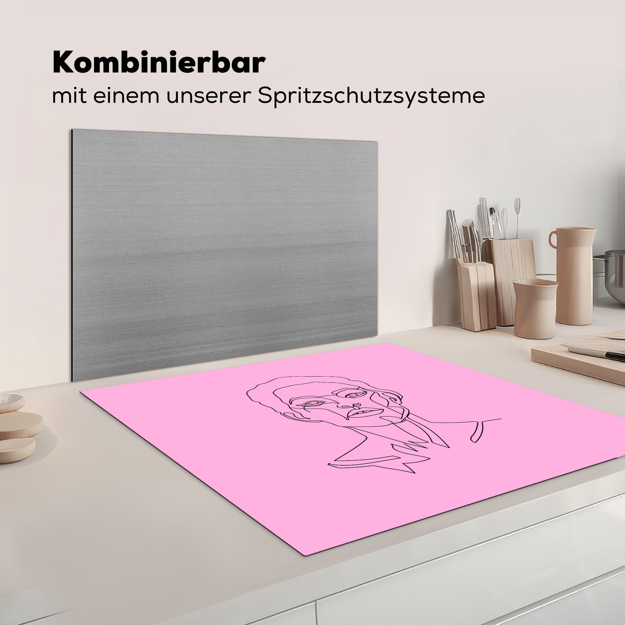 für Strichzeichnung, Gesicht 78x78 Ceranfeldabdeckung, Vinyl, Rosa Arbeitsplatte tlg), MuchoWow - - (1 küche cm, Frau - Herdblende-/Abdeckplatte