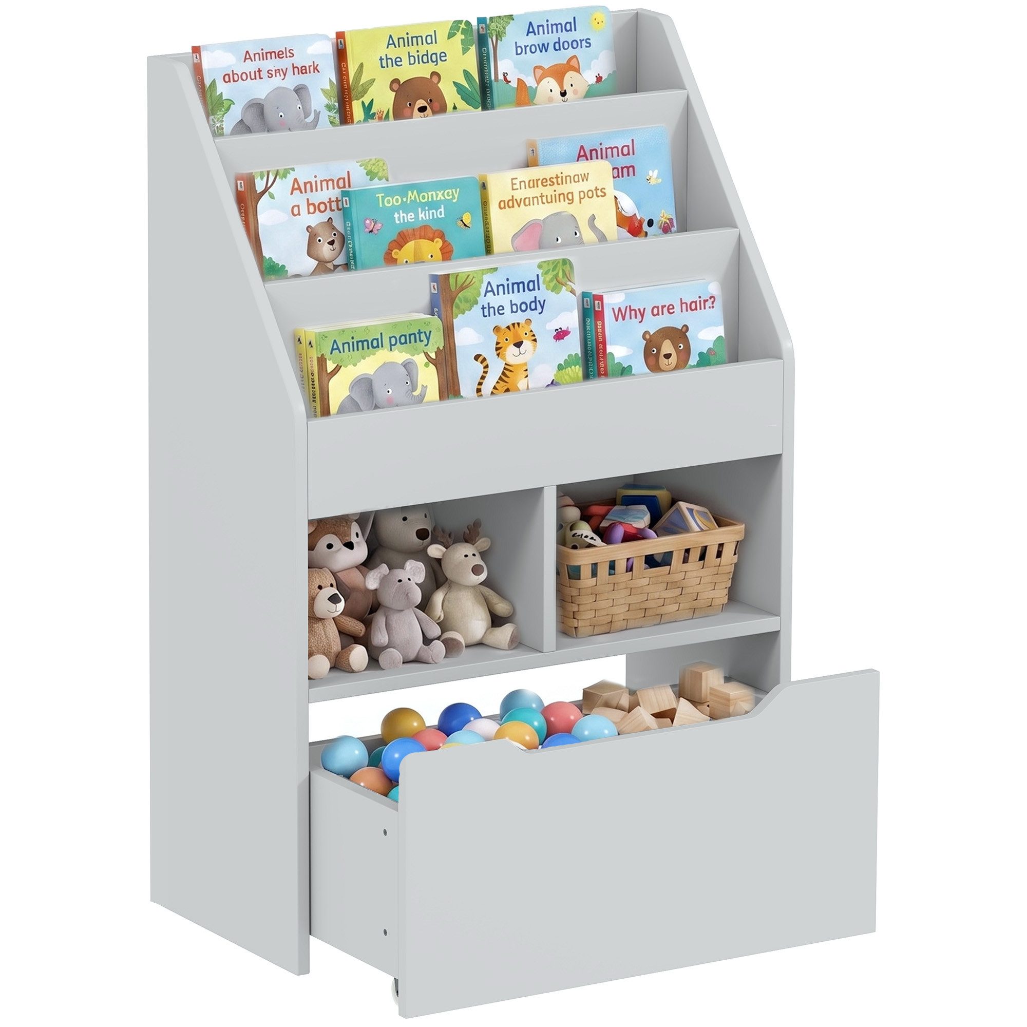 HOMCOM Kinderregal Kinder Bücherregal mit Schublade, 3 Ablagefächern, Aufbewahrungsregal 1-tlg., für Kinderzimmer, Spielzimmer, Grau, 60 x 29,9 x 90 cm