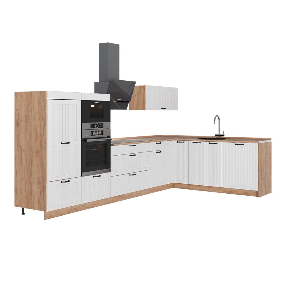 Vicco Winkelküche Fame-Line, Weiß Landhaus/Goldkraft Eiche, 347 x 51.6 cm ohne Arbei...