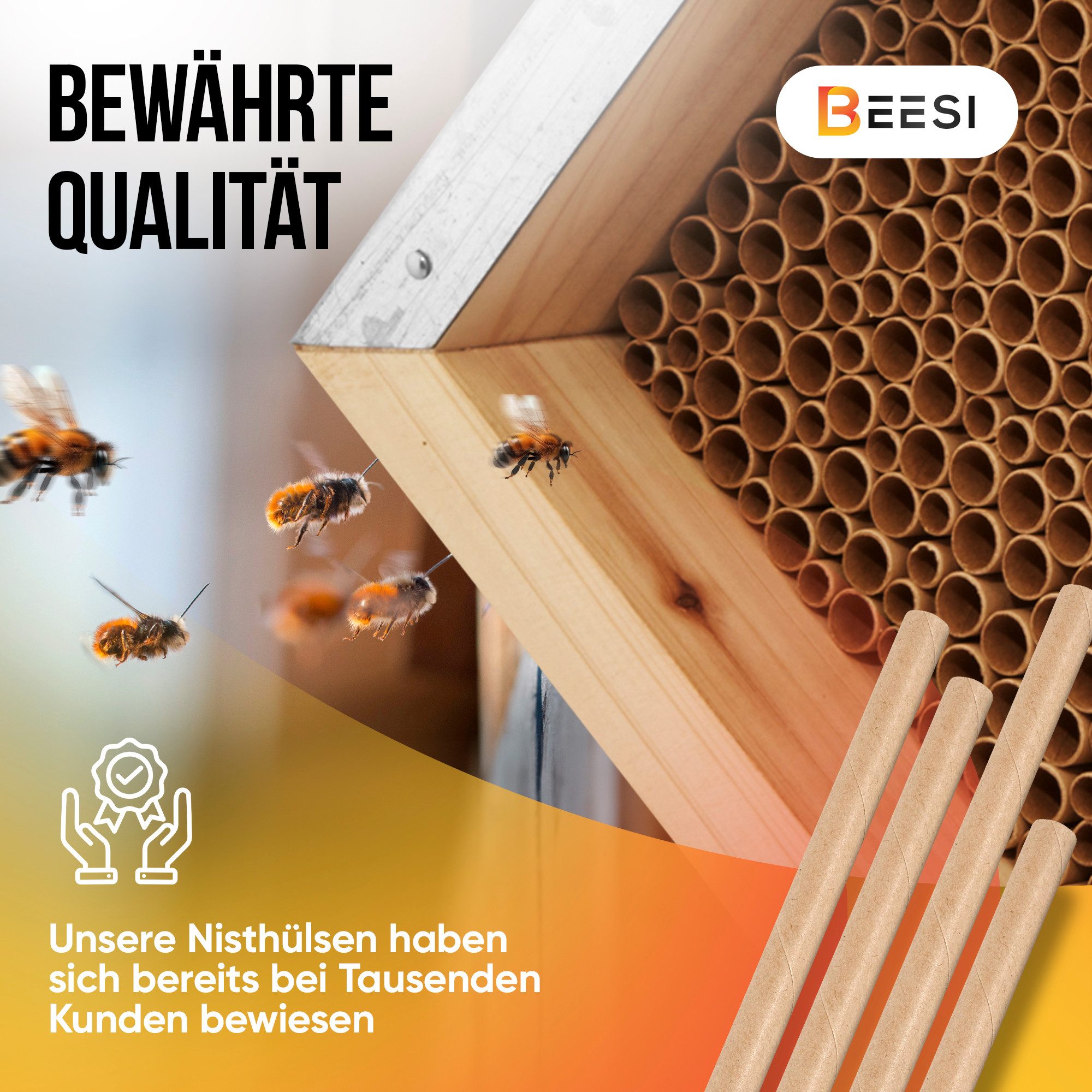 BEESI Insektenhotel BEESI Bienenhotel mit Metalldach und Pappröhrchen 6 & 8 mm Ø, (Packung, 1-St., Mit Aufhängung), 22T x 22B x 20H cm