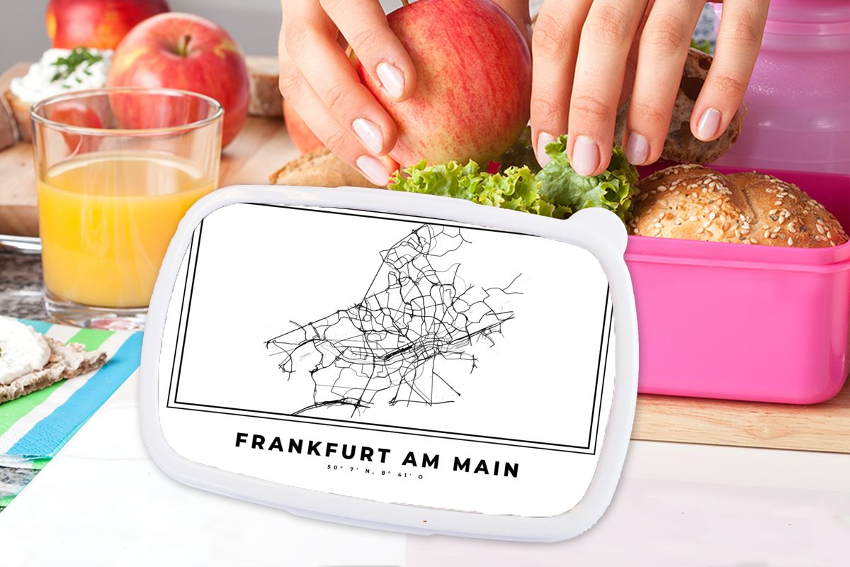 Mädchen, - Stadtplan Schwarz-weiß - Lunchbox MuchoWow Kunststoff, Karte - rosa am Brotbox Frankfurt Erwachsene, Main Snackbox, Brotdose Kunststoff -, Deutschland - (2-tlg), Kinder, für