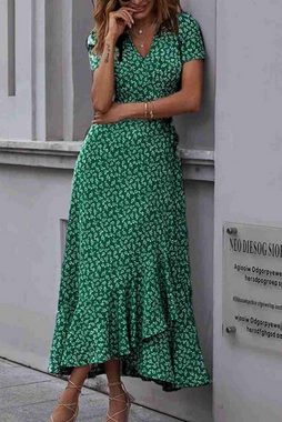 ENIX Sommerkleid Elegantes Kleid mit V-Ausschnitt Geblümtes Kleid mit elastischem Band Sommerliches Strandkleid durchgehend bedrucktes Midikleid