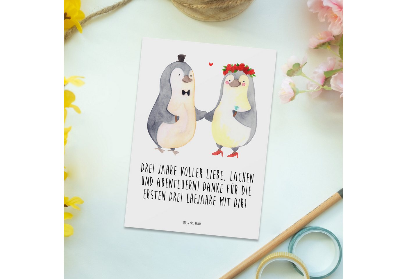 Thumbnail - Mr. & Mrs. Panda Postkarte 3. Hochzeitstag Lederhochzeit - Weiß - Geschenk, Hochzeitsspruch, Ans, Hochglänzend veredelt