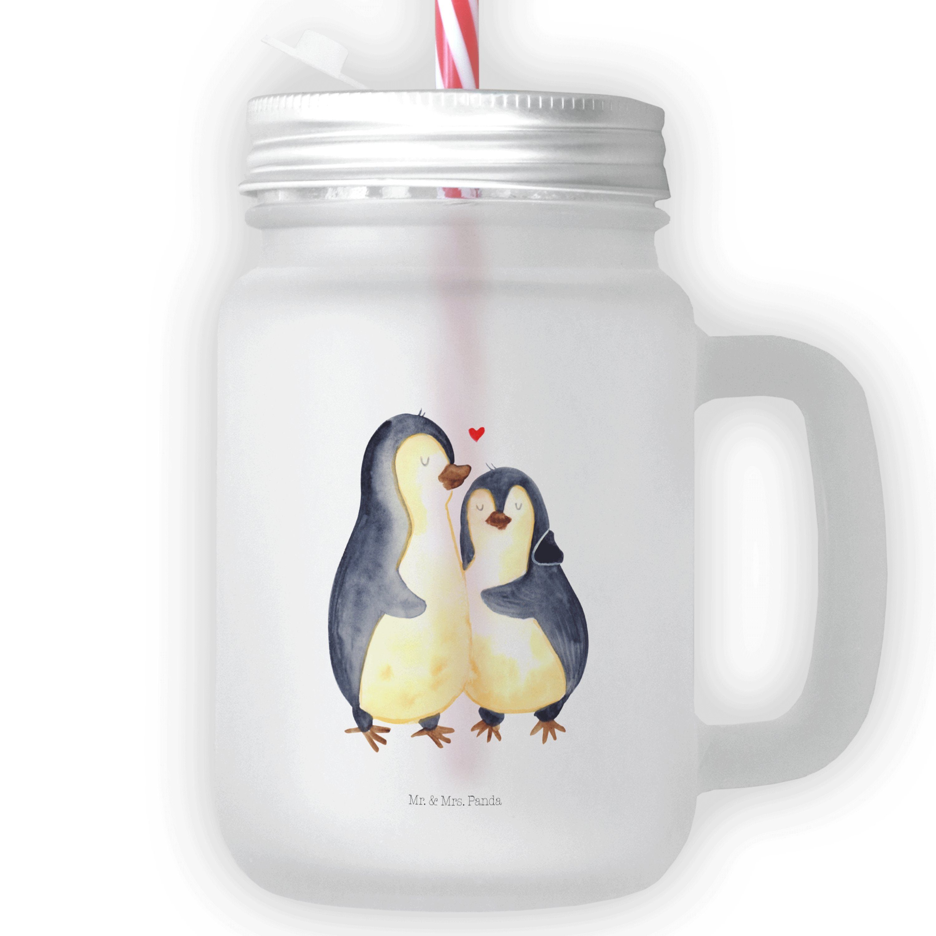 Mr. & Mrs. Panda Cocktailglas Pinguin umarmen - Transparent - Geschenk, glücklich, Sommerglas, Glas, Premium Glas, Inkl. Mehrwegstrohhalm