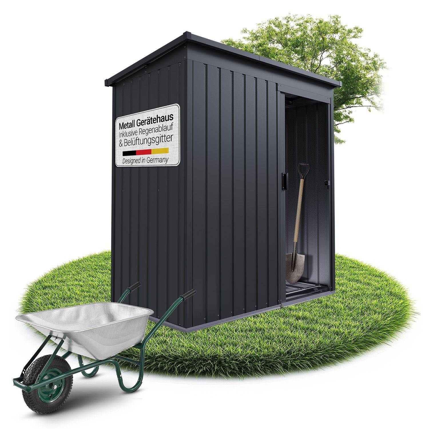 Juskys Gartenhaus S, BxT: 164x88 cm, mit Pultdach, Schiebetür, Fundamentrahmen & Werkzeughalterung