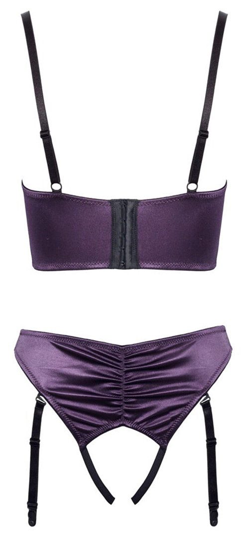 Cottelli Collection Set: Bügel-BH Dessous-Set: BH und Ouvert-String mit Strumpfhaltern - lila (2-tlg) offener Schritt und Cups