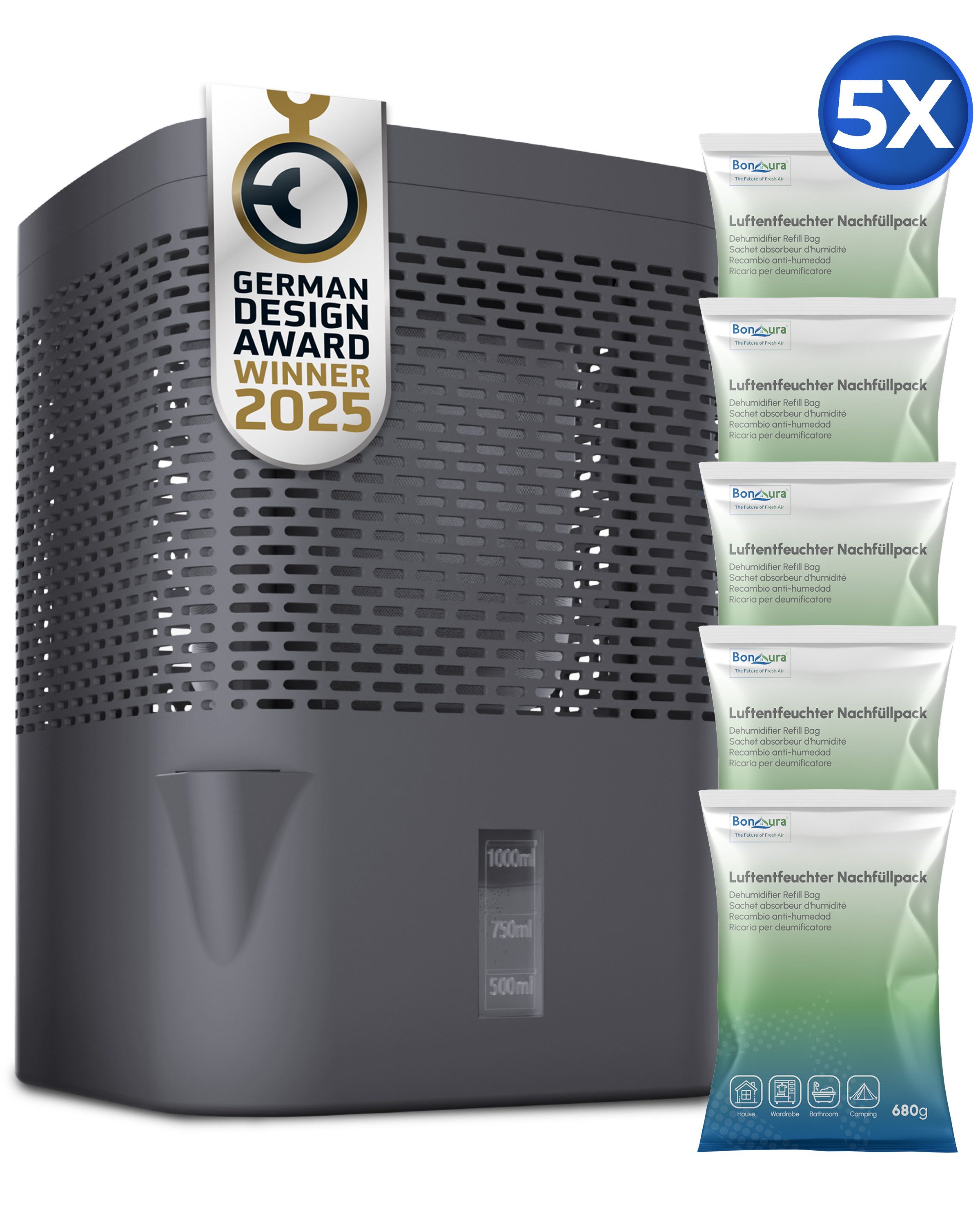 BonAura Осушувачі повітря ohne Strom, für 55 m³ Räume, 5x 680g Granulat, Schutz gegen Schimmel und muffige Gerüche