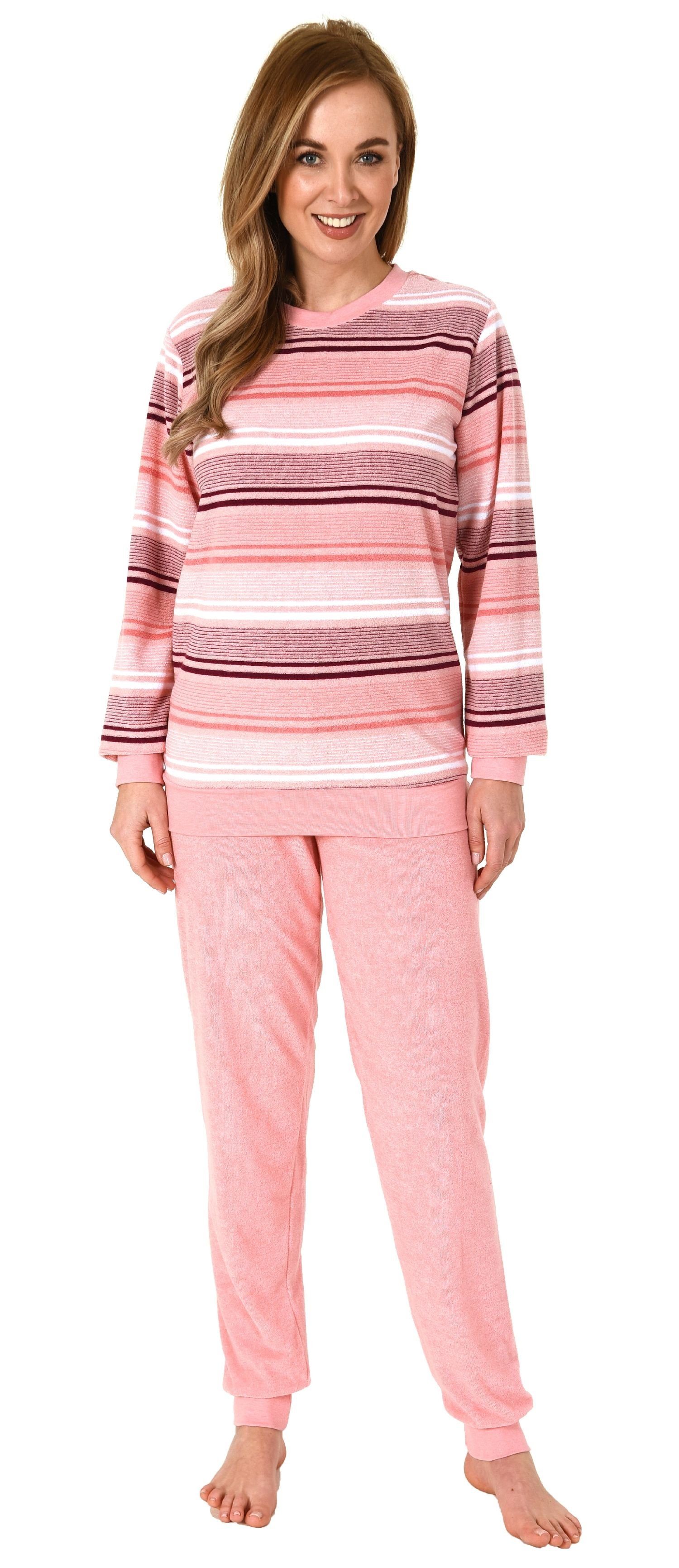 Normann Pyjama Damen Frottee Pyjama mit Bündchen in tollem Streifendesign rosa