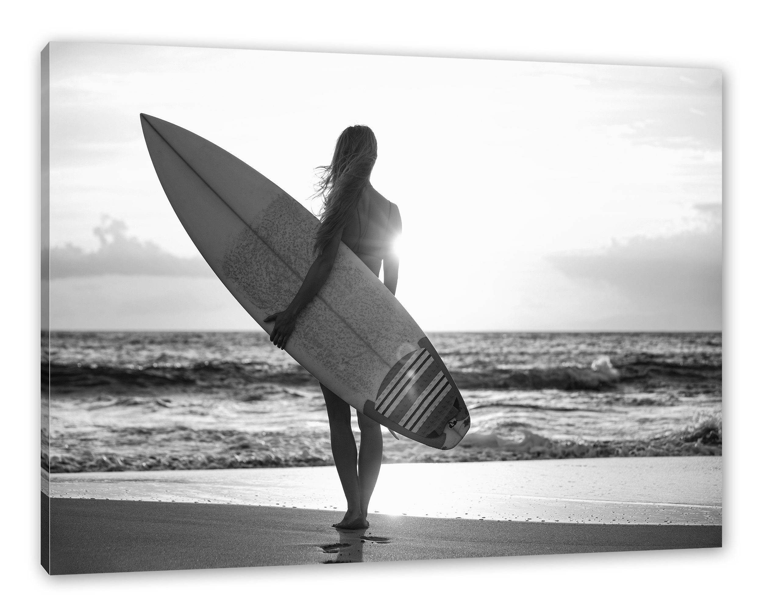 Pixxprint Leinwandbild Surferin inkl. vor Leinwandbild bespannt, St), Zackenaufhänger fertig vor Sonnenuntergang, Surferin (1 Sonnenuntergang