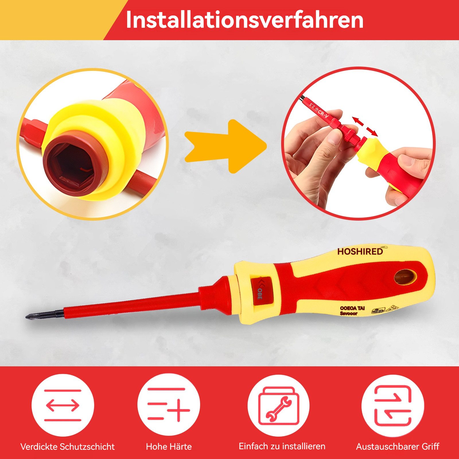 BlingBin Schraubendreher 13-teiliges VDE-isoliertes Schraubendreher-Set, (1er Set, 1 St., 12 * Schraubendreher + 1 * Griff), 1000V aus Chrom-Vanadium-Stahl mit wechselbarem Griff
