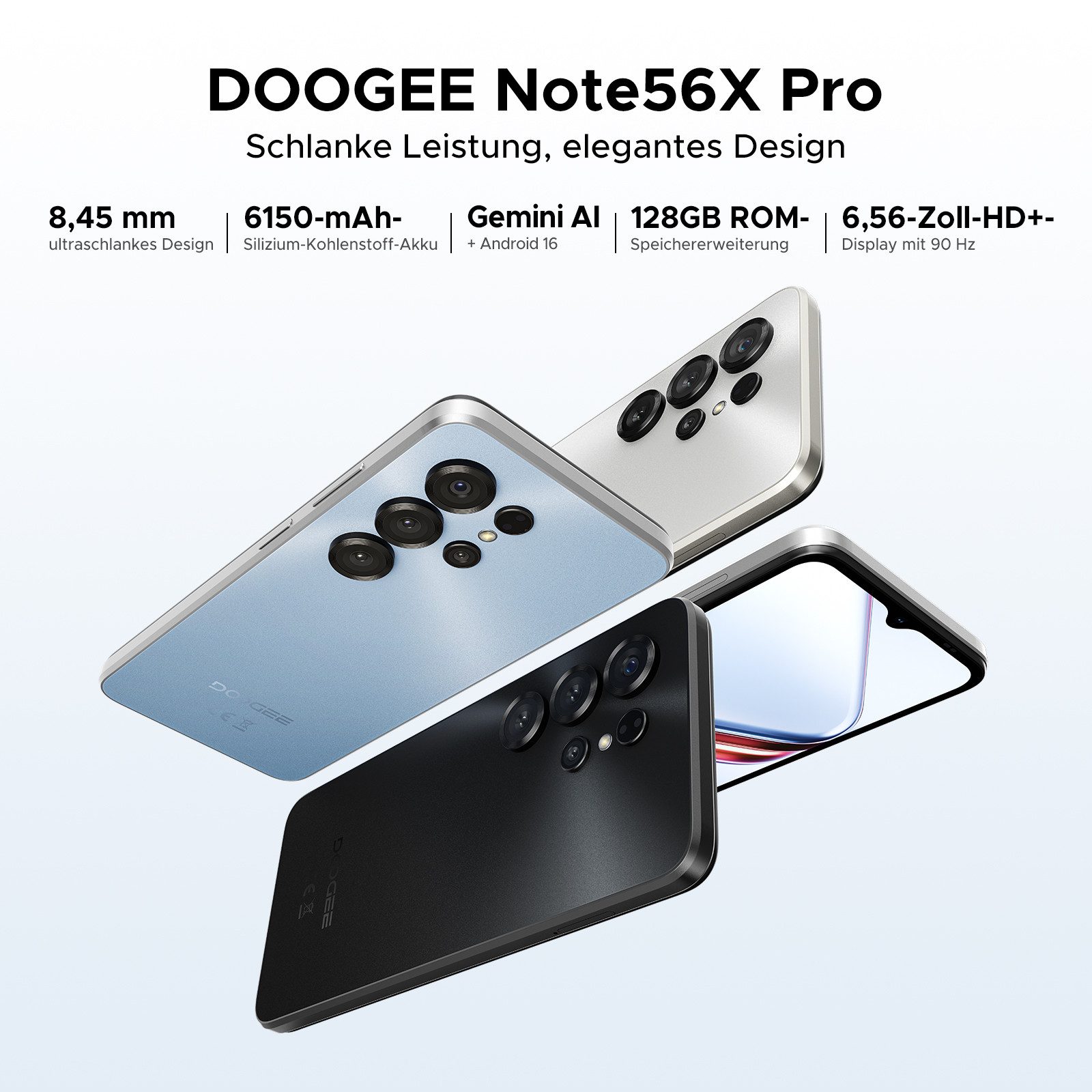 DOOGEE Note 56 X Pro Android 16 Handy, Gemini AI, 6.56" 90Hz, 6150mAh,4+128GB Smartphone (6.56 Zoll, 128 GB Speicherplatz, 13 MP Kamera, 128GB ROM/2TB, Octa Core, NFC, Dual SIM, Face ID, Widevine L1)