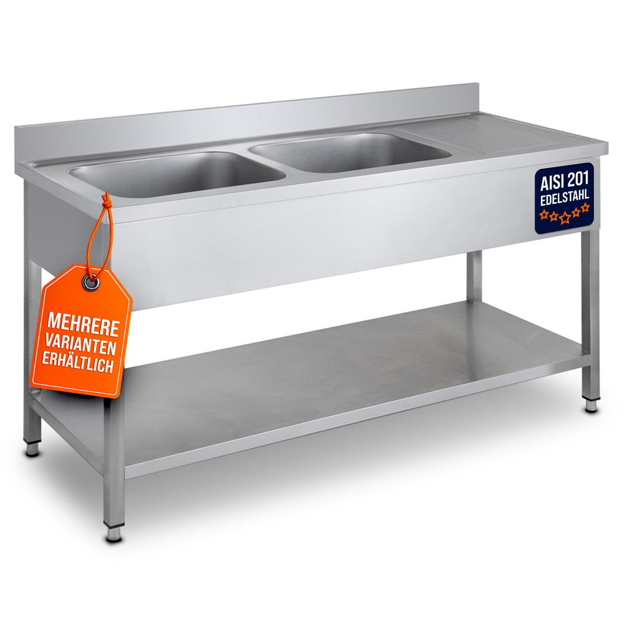 GastroHero Arbeitstisch Spültisch 160x60 cm - Edelstahl mit Becken - Gastro - Spüle