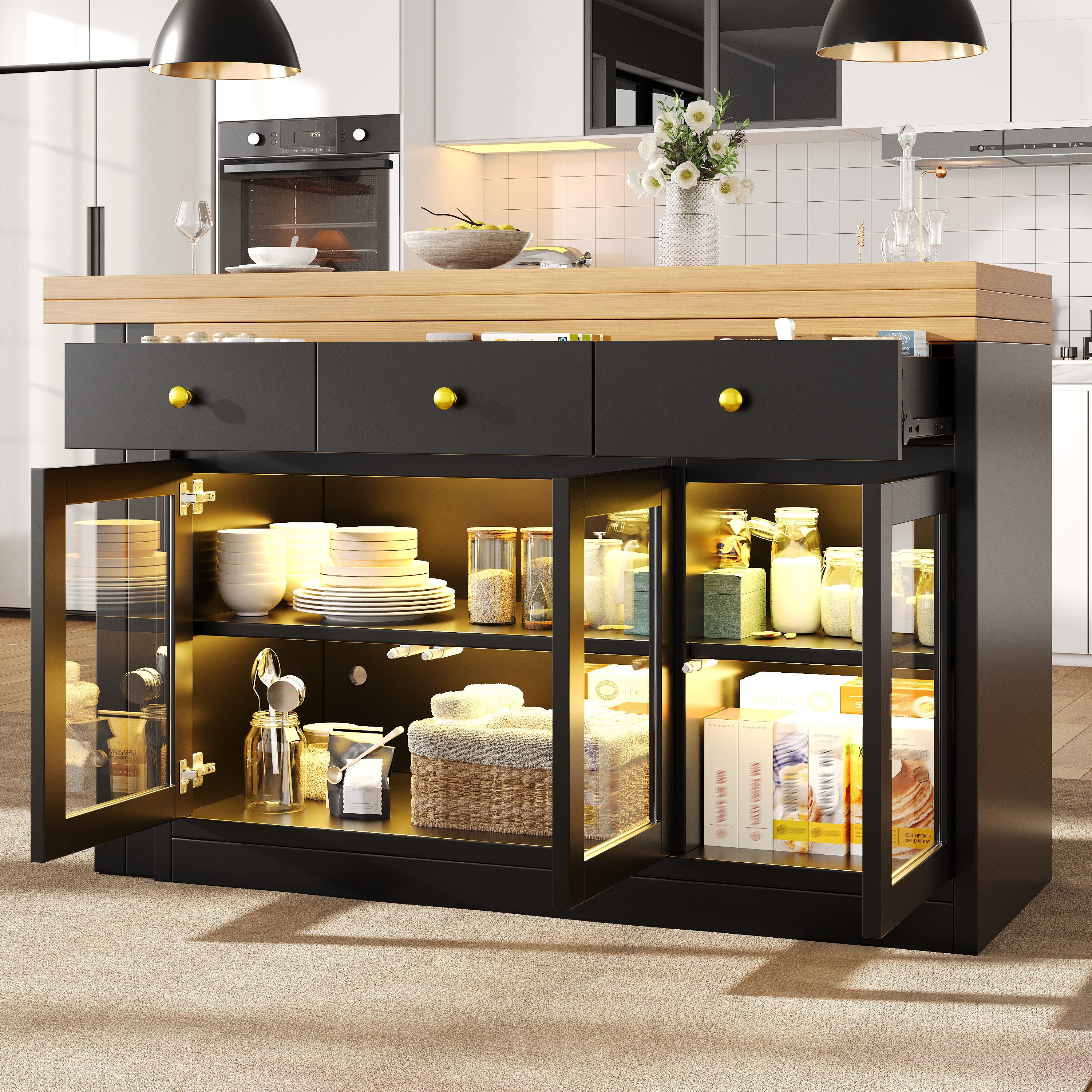i@home Bartisch Ausziehbarer Kücheninsel, mit LED-Beleuchtung, 120-200cm, 3 Schubladen/Glastüren, App-Steuerung