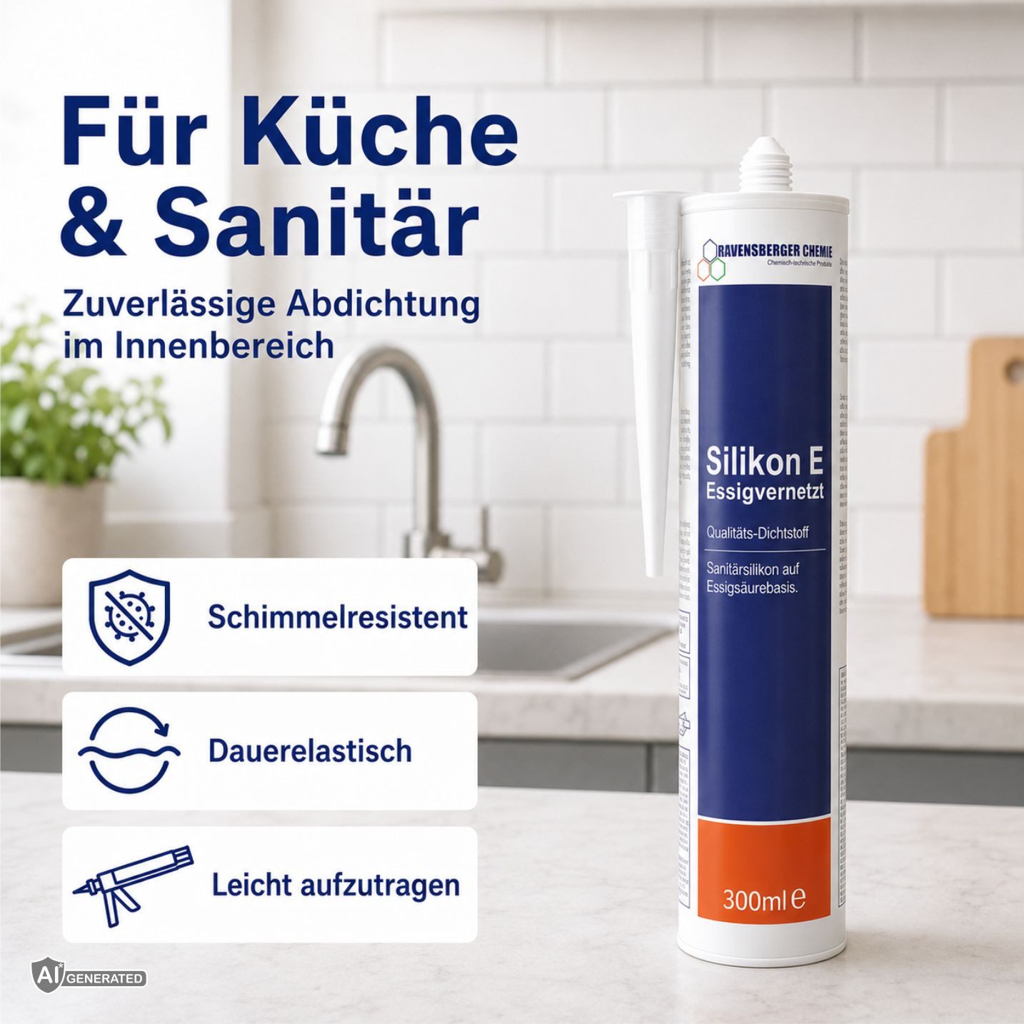 Ravensberger Chemie Silikon E Essigvernetzt – Sanitärsilikon Transparent 300 ml, Silikon, gebrauchsfertig, (1x 300ml Kartusche von Ravensberger Chemie), Essigve – Bild 5 von 5