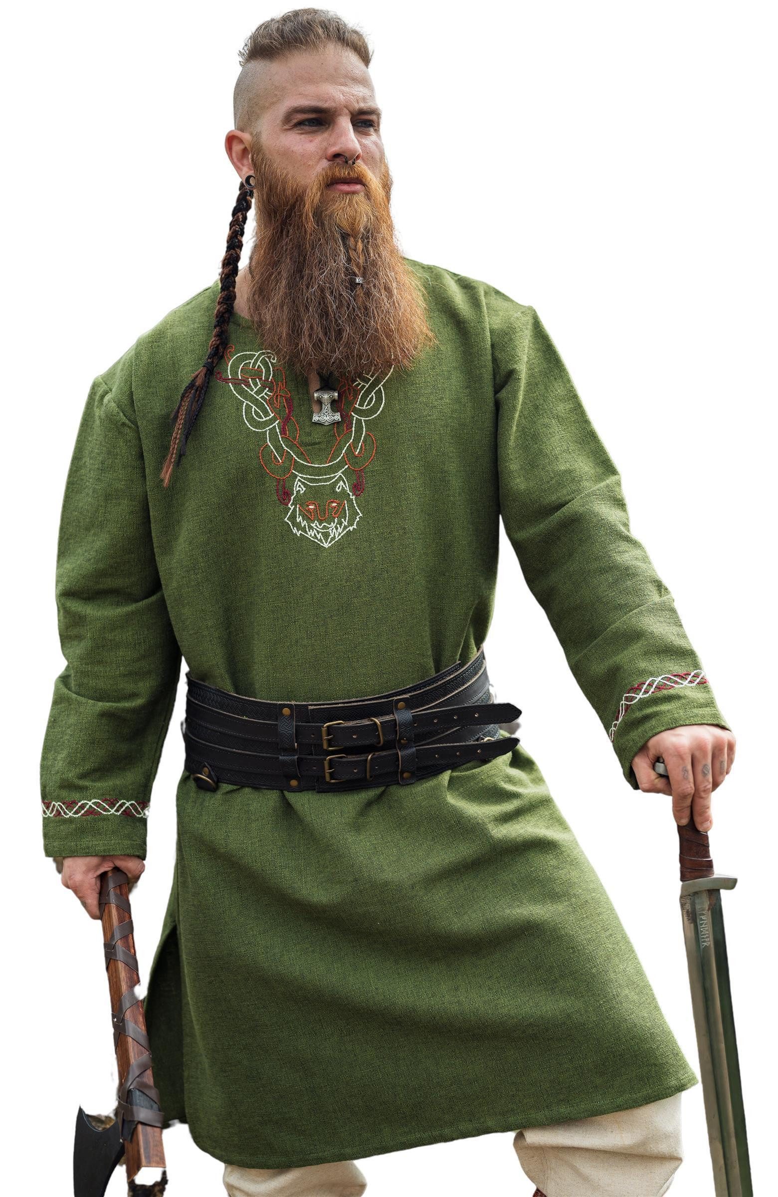 Leonardo Carbone Wikinger-Kostüm Tunika "Freki" mit Wolfsstickerei, grober Baumwollstoff, seitliche Schlitze