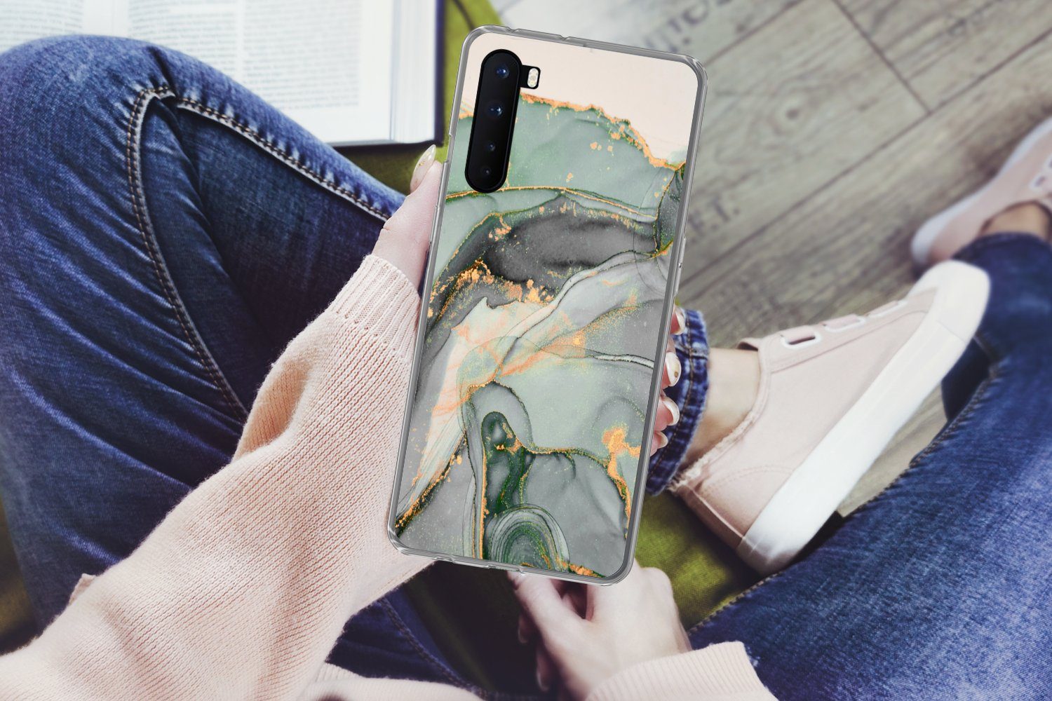 MuchoWow Handyhülle für OnePlus Nord Gold - Marmor - Grün - Luxus - Glitzer - Marmoroptik, Phone Case, Silikon, Schutzhülle Dünn