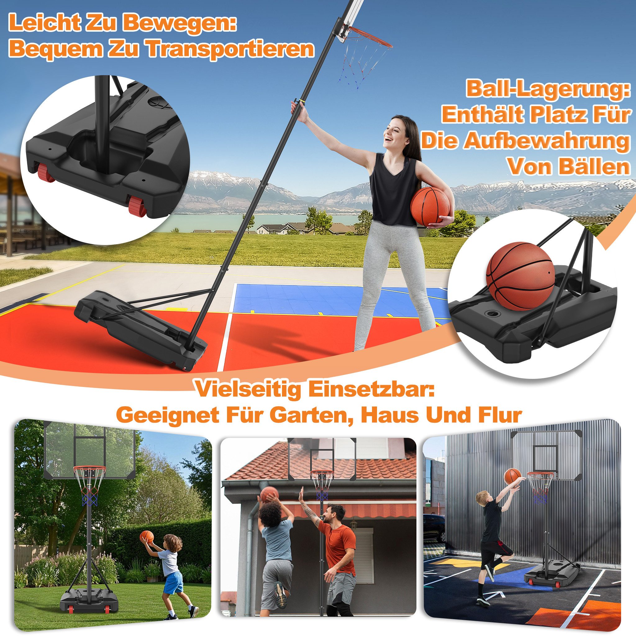 FIVMEN Basketballkorb Basketball Hoop Ständer Basketballanlage Höhenverstellbar mit Rollen, für Kinder und Erwachsene, Schwarz